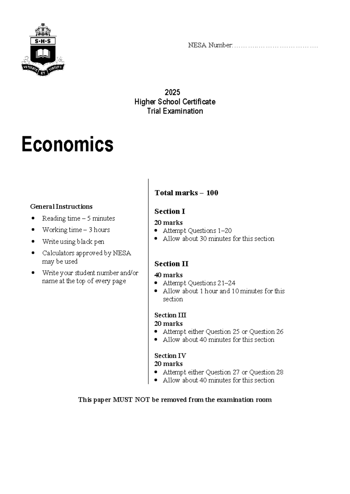 SBHS - Economics HSC Trial Exam Questions 2025 - Studocu