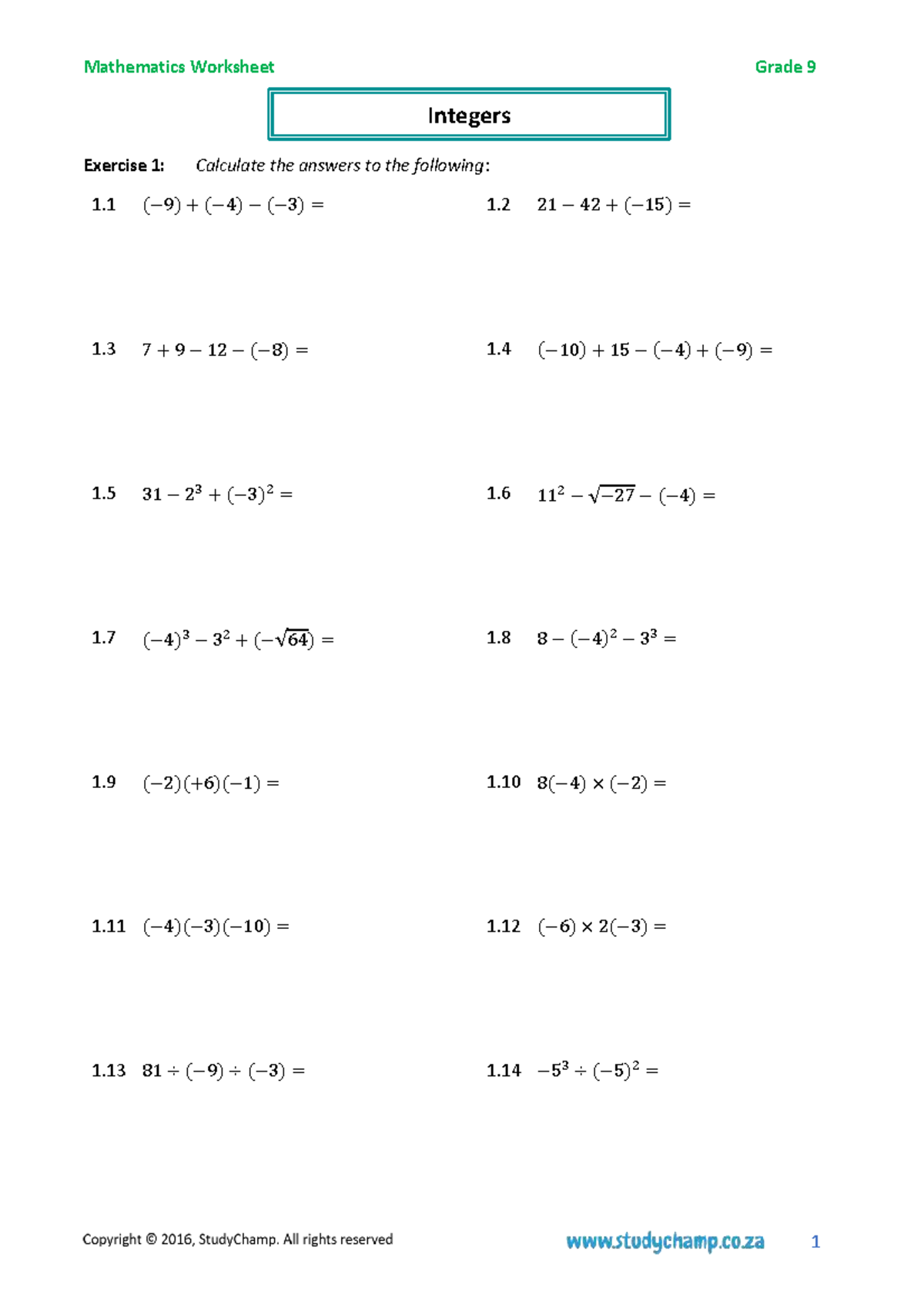 Gr9 Maths Worksheet: Integers Exercises and Solutions - Studocu