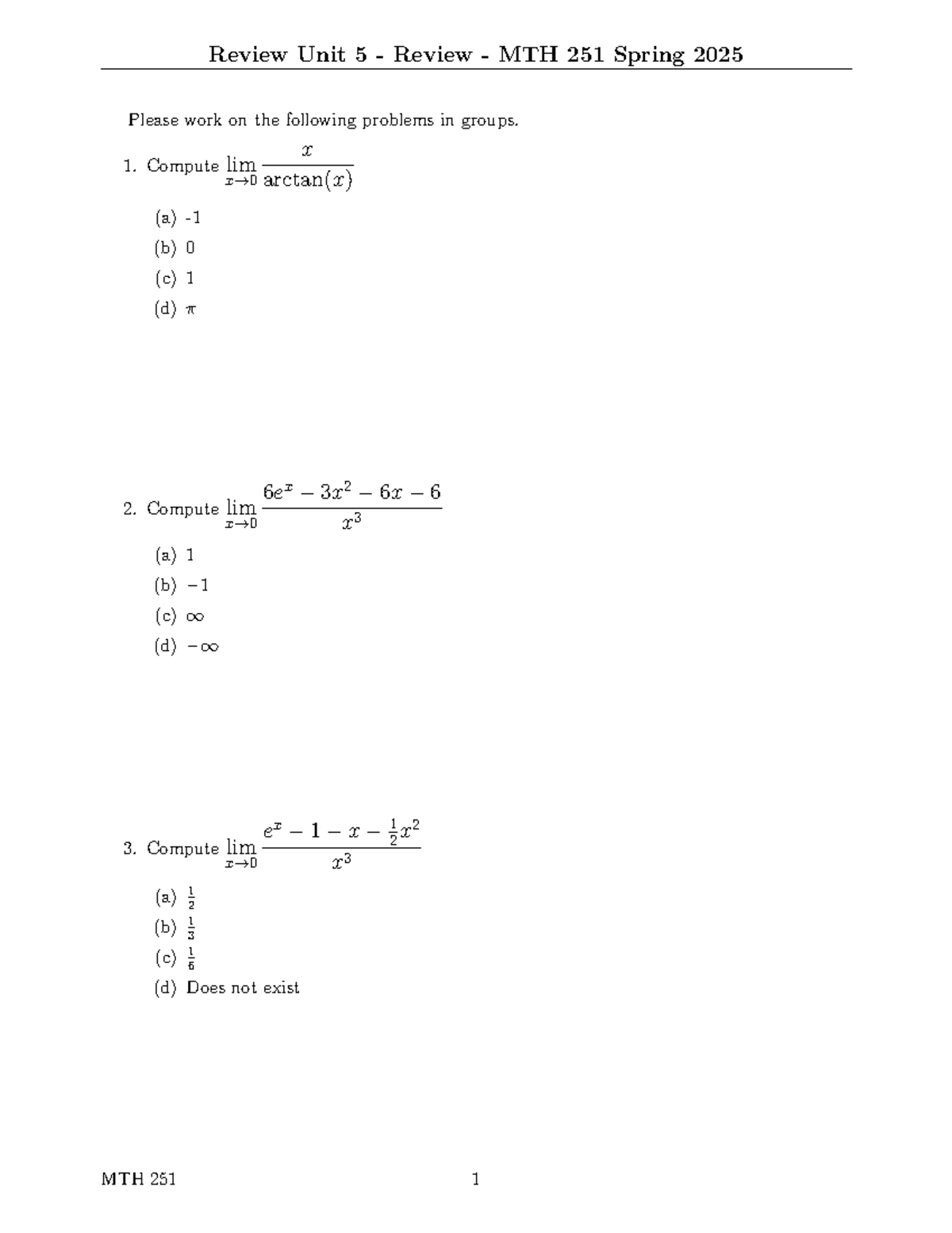 Review Unit 5 - MTH 251 Calculus Limits Practice Spring 2025 - Studocu
