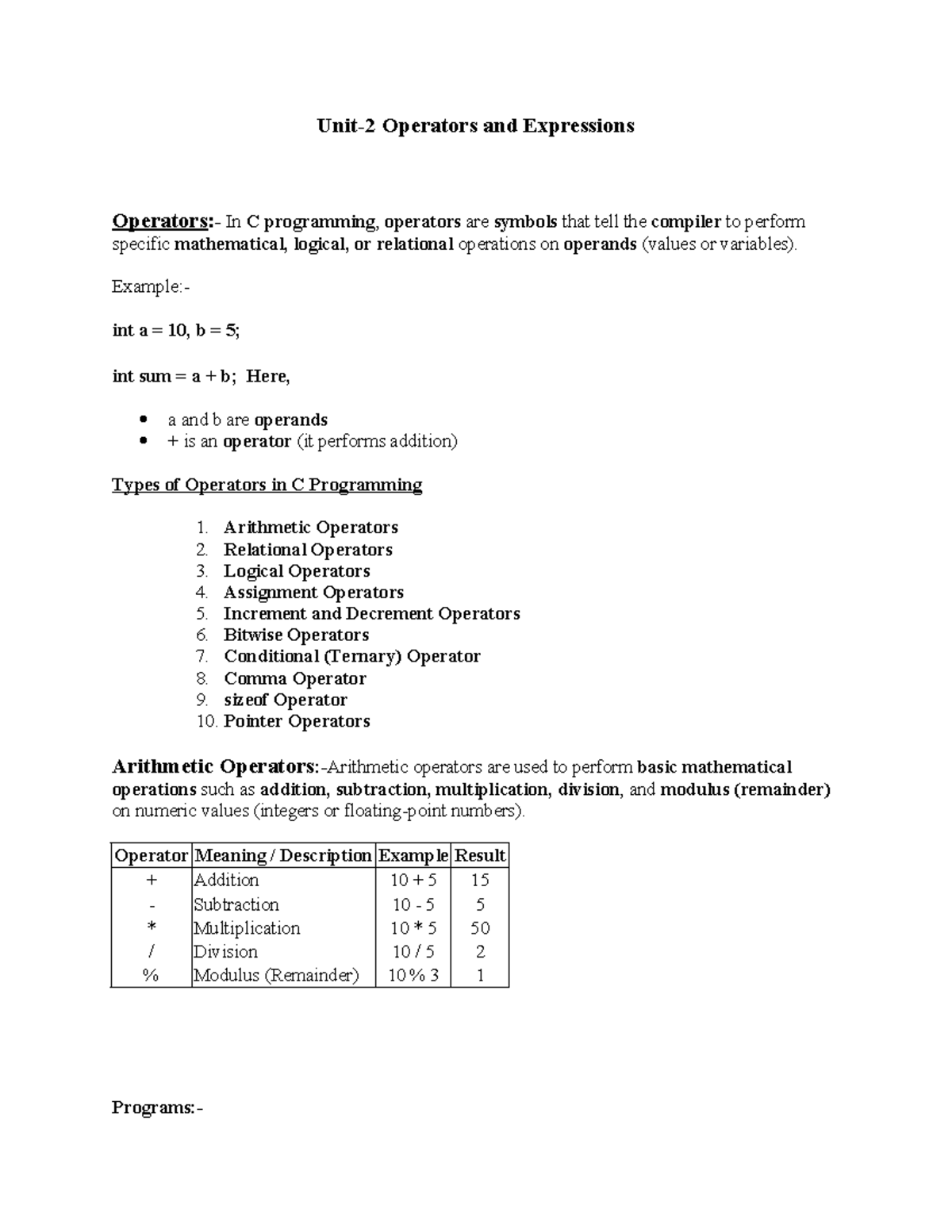 Unit-2 - Operators and Expressions in C Programming Notes - Studocu