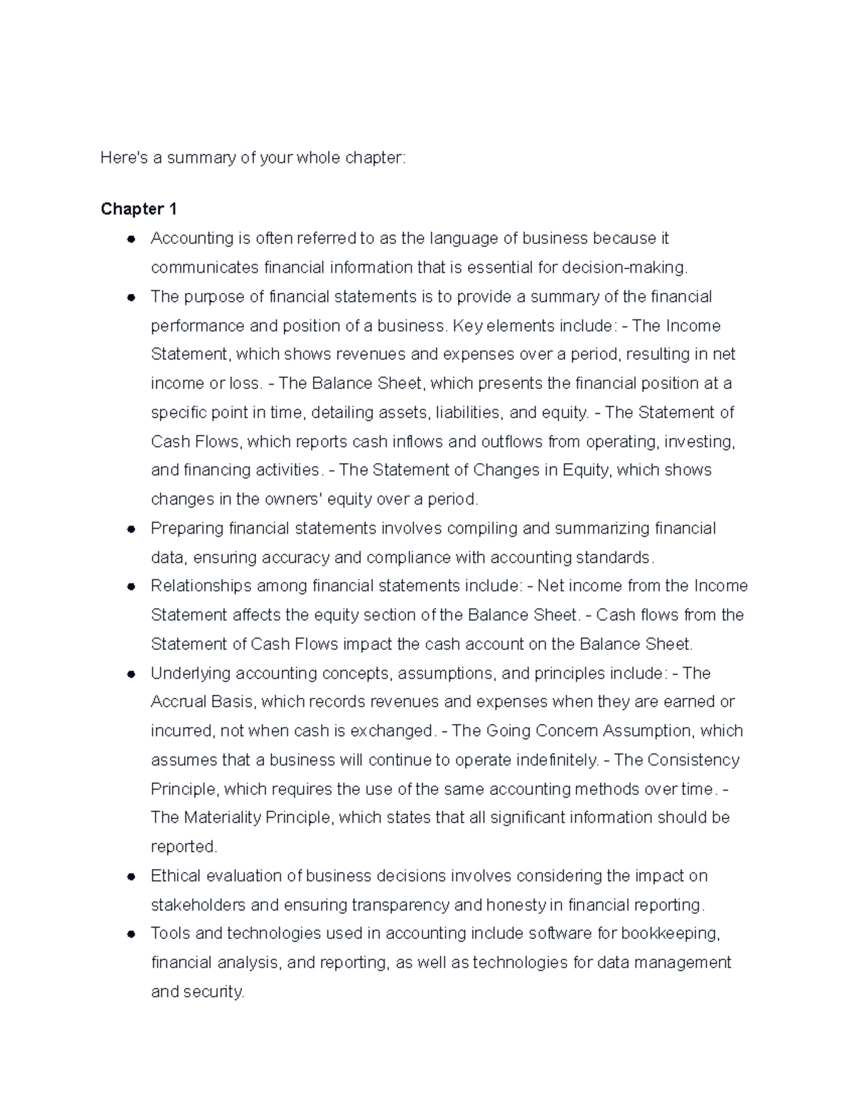 Chapter 1 Accounting Summary: Understanding Financial Statements and ...