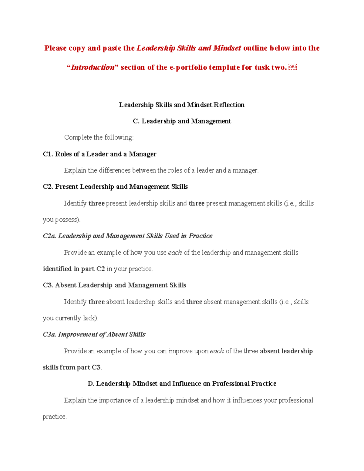 Task Two Leadership Skills and Mindset Reflection Template - Please ...