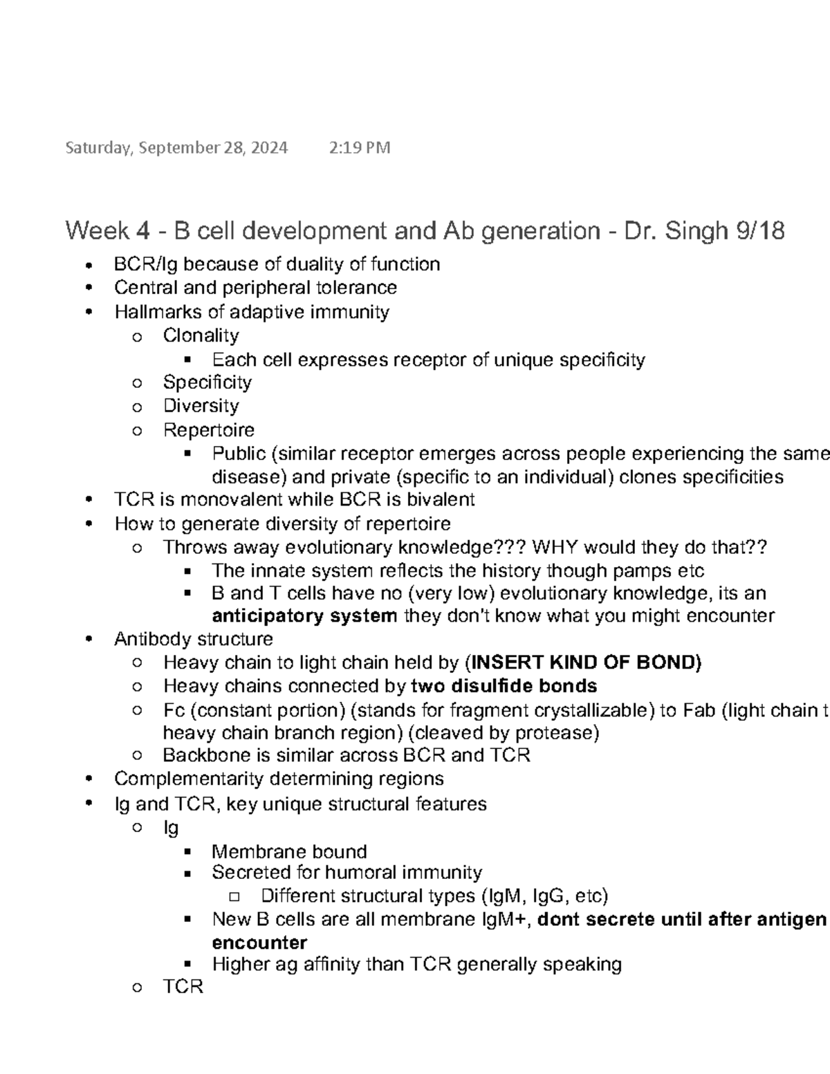 Week 4: B Cell Development and Antibody Generation - Dr. Singh 9/18 ...