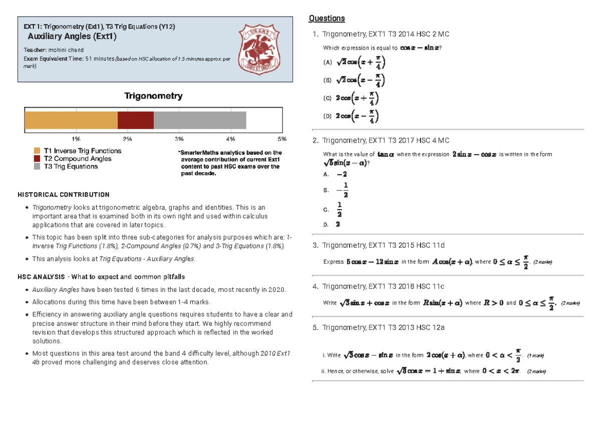3. Complex Numbers, EXT2 HSC Exam Questions and Solutions - Studocu