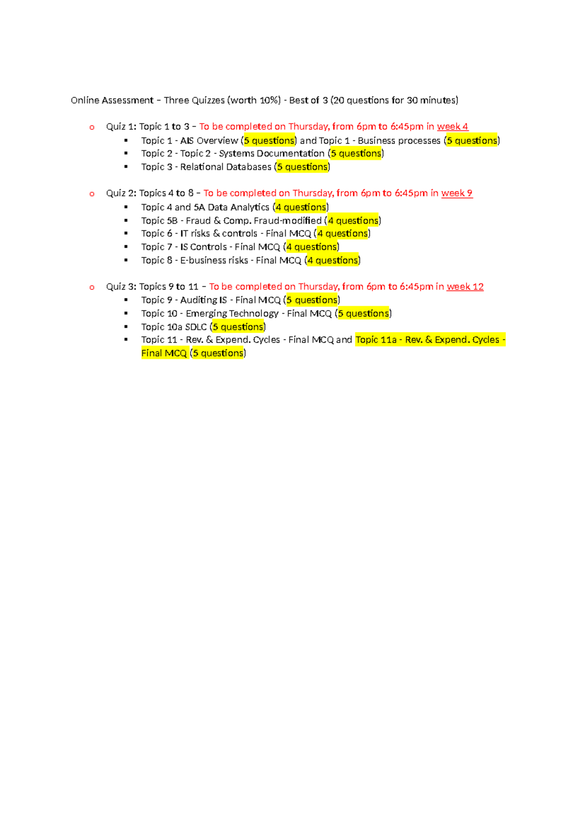 Quizzes Notes for Online Assessment (Best of 3) - Studocu