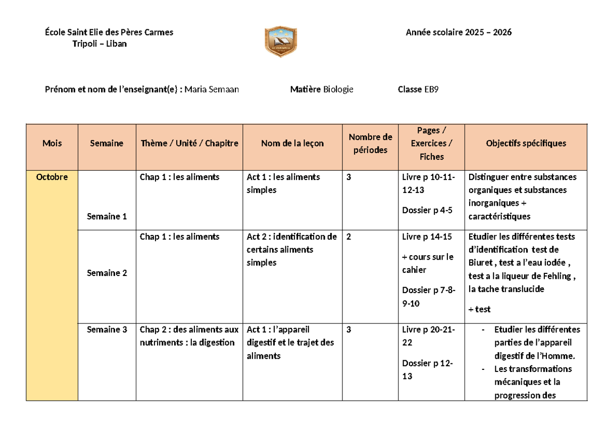 Repartition EB9 Biologie 2025-2026: Chapitres et Activités - Studocu