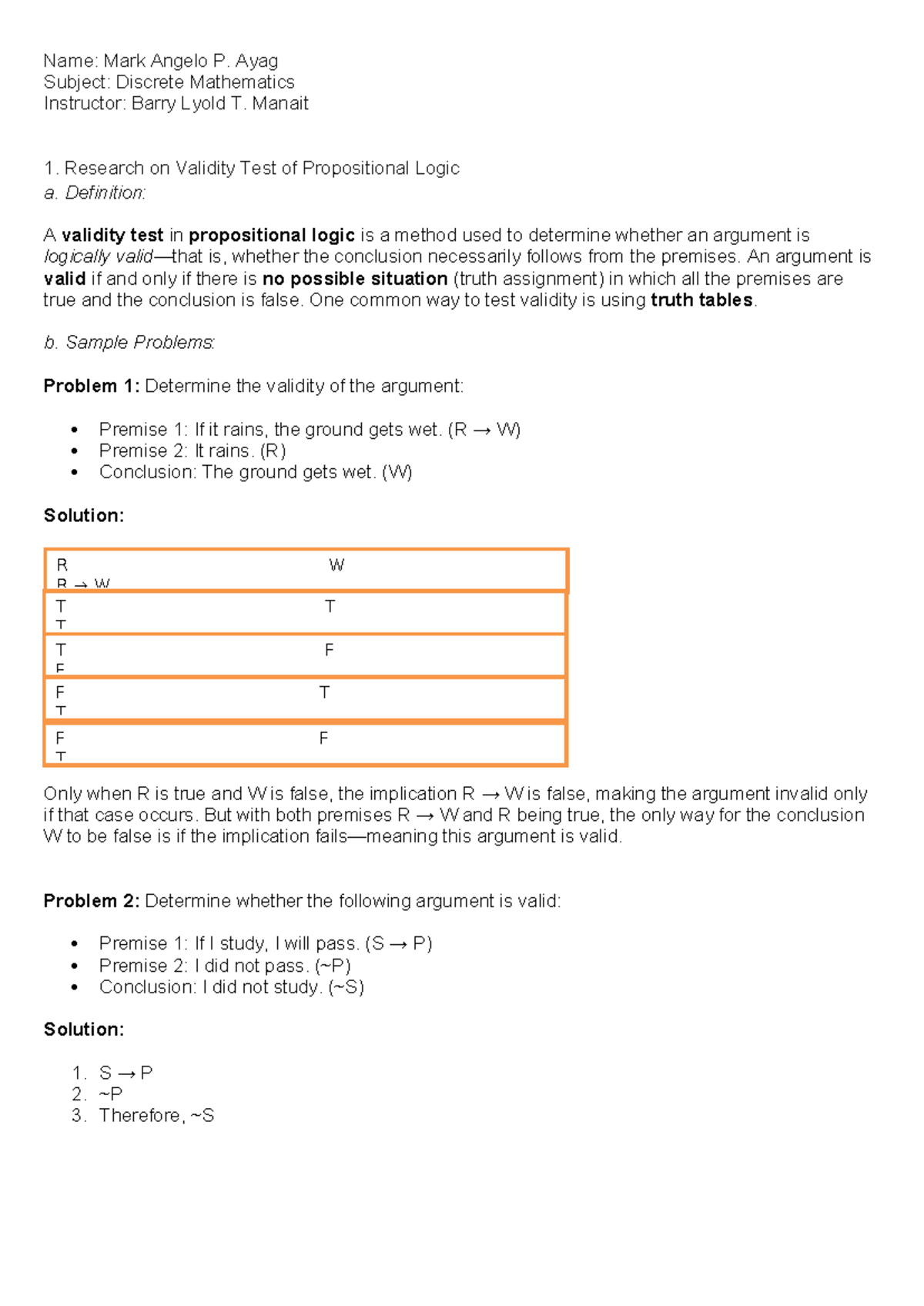 Propositional logic assignment: Validity test research and sample ...