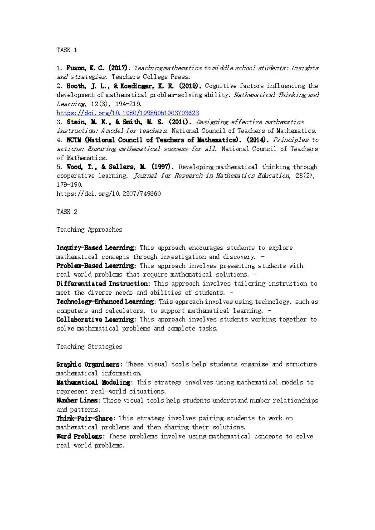 TASK 1 & 2: Effective Teaching Strategies for Middle School Math - Studocu