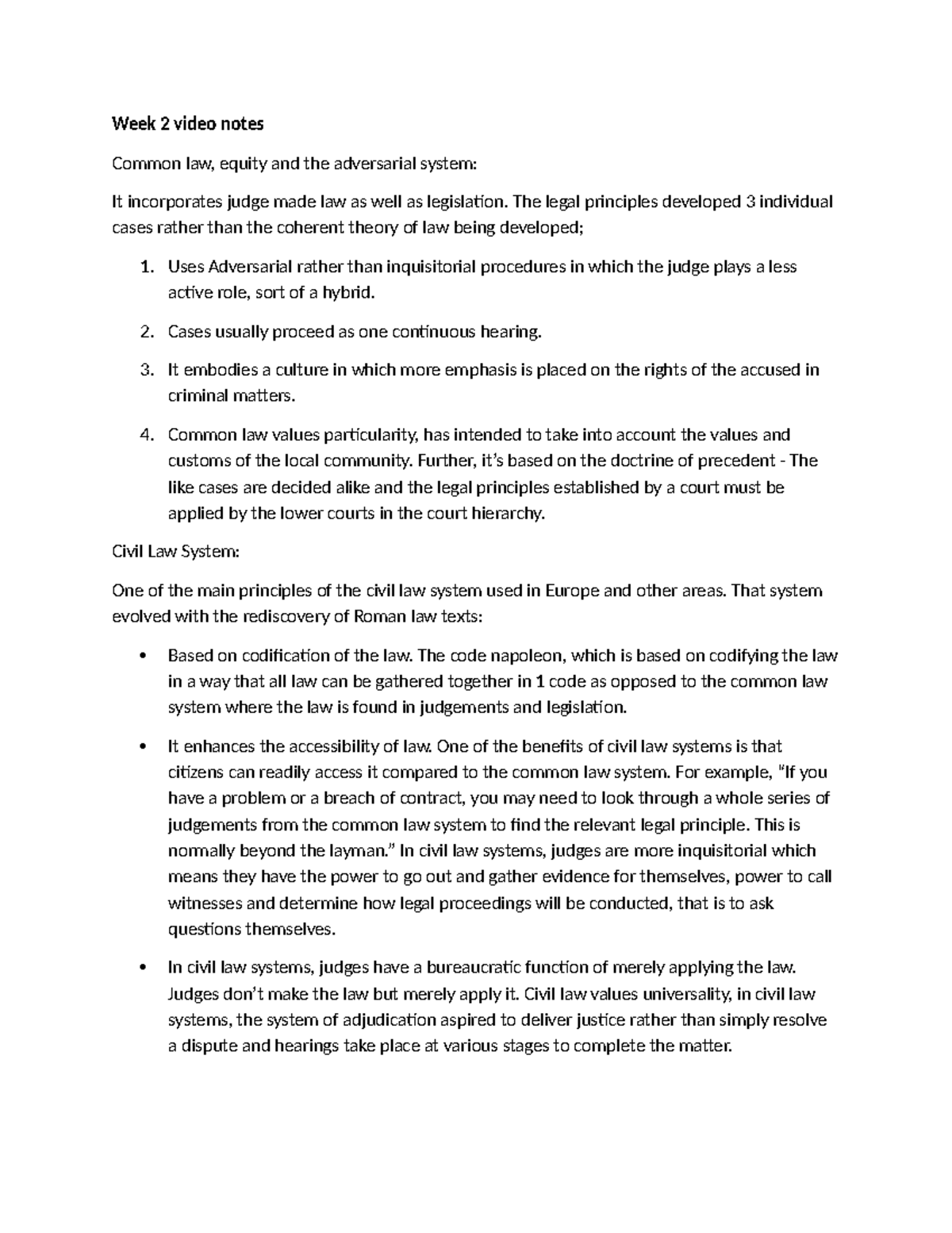 Week 2 Lecture Notes: Common Law, Equity & Adversarial System Insights ...