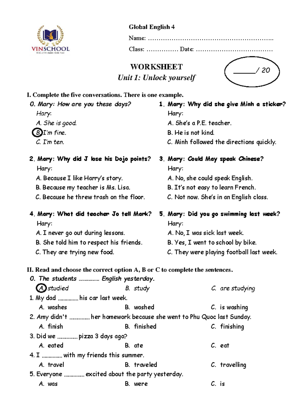 S4.W1 - Global English 4 Unit 1 Worksheet Activities - Studeersnel