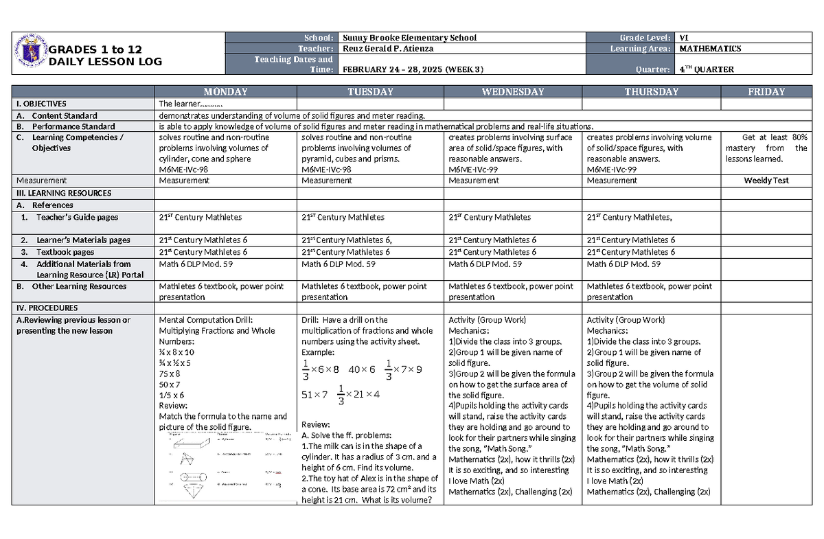 DLL Math 6 Q4 W3 - Daily Lesson Log on Volume and Surface Area - Studocu