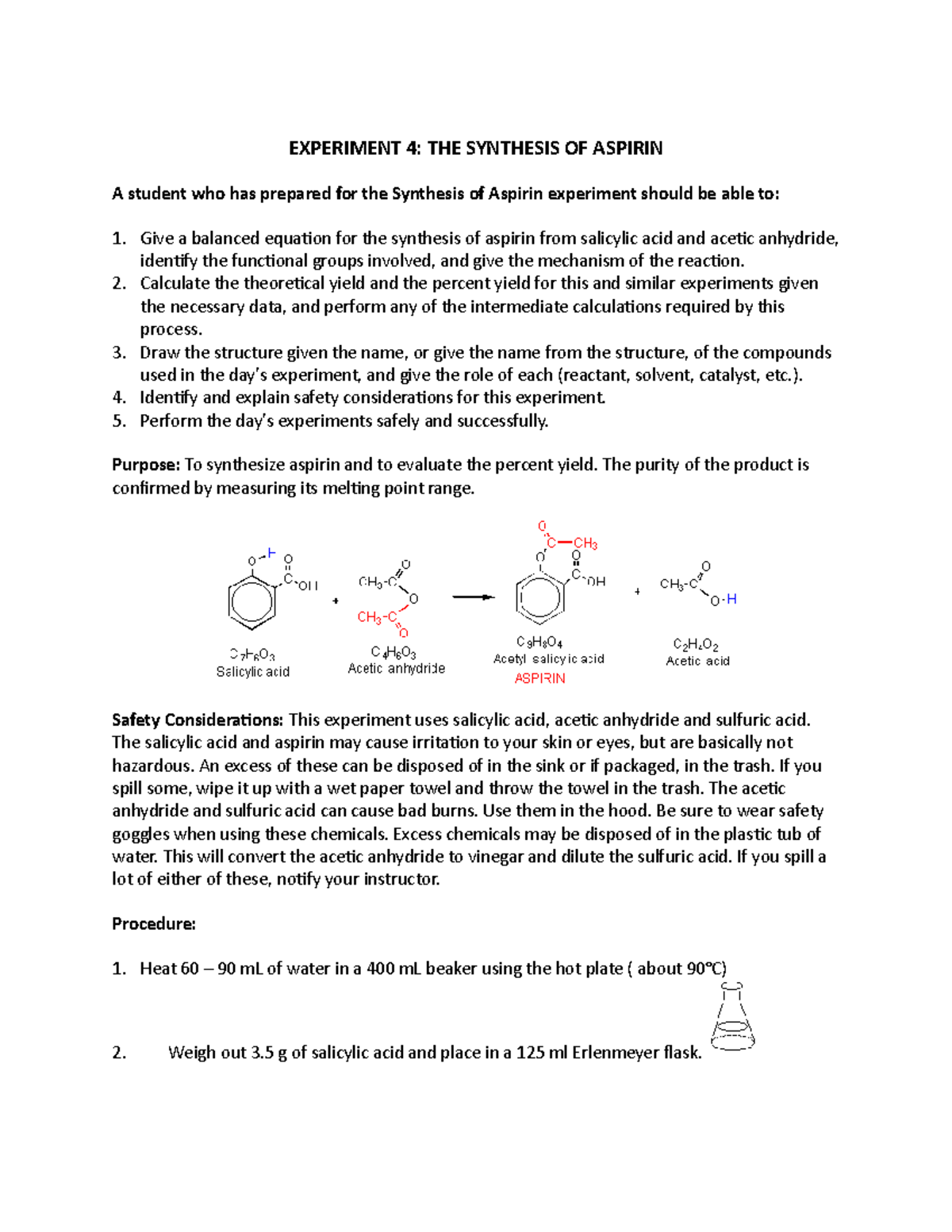 The Synthesis of Aspirin - Give a balanced equation for the synthesis ...