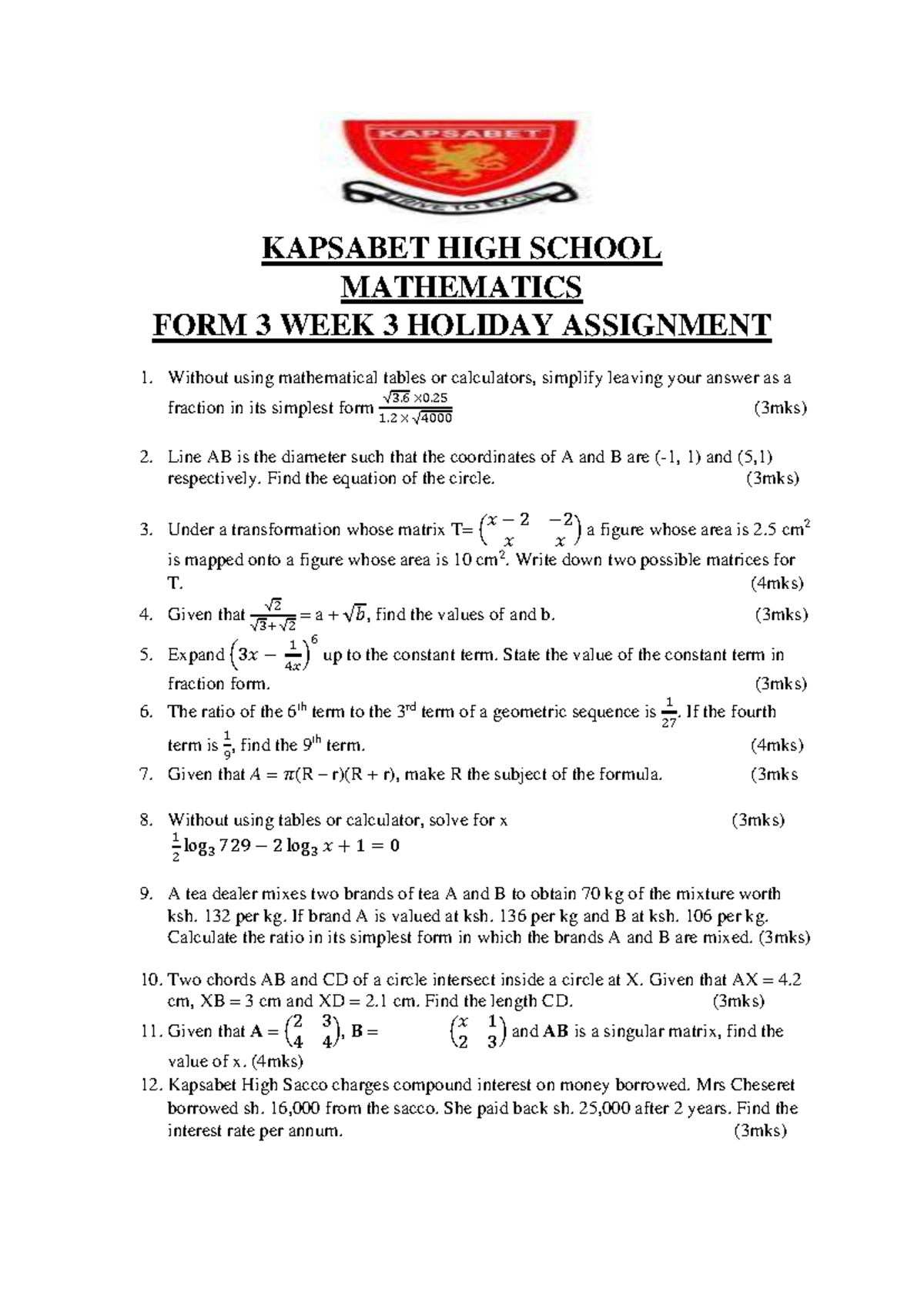 MATH F3 WK3 HOLIDAY ASSIGNMENT - KAPSABET HIGH SCHOOL - Studocu