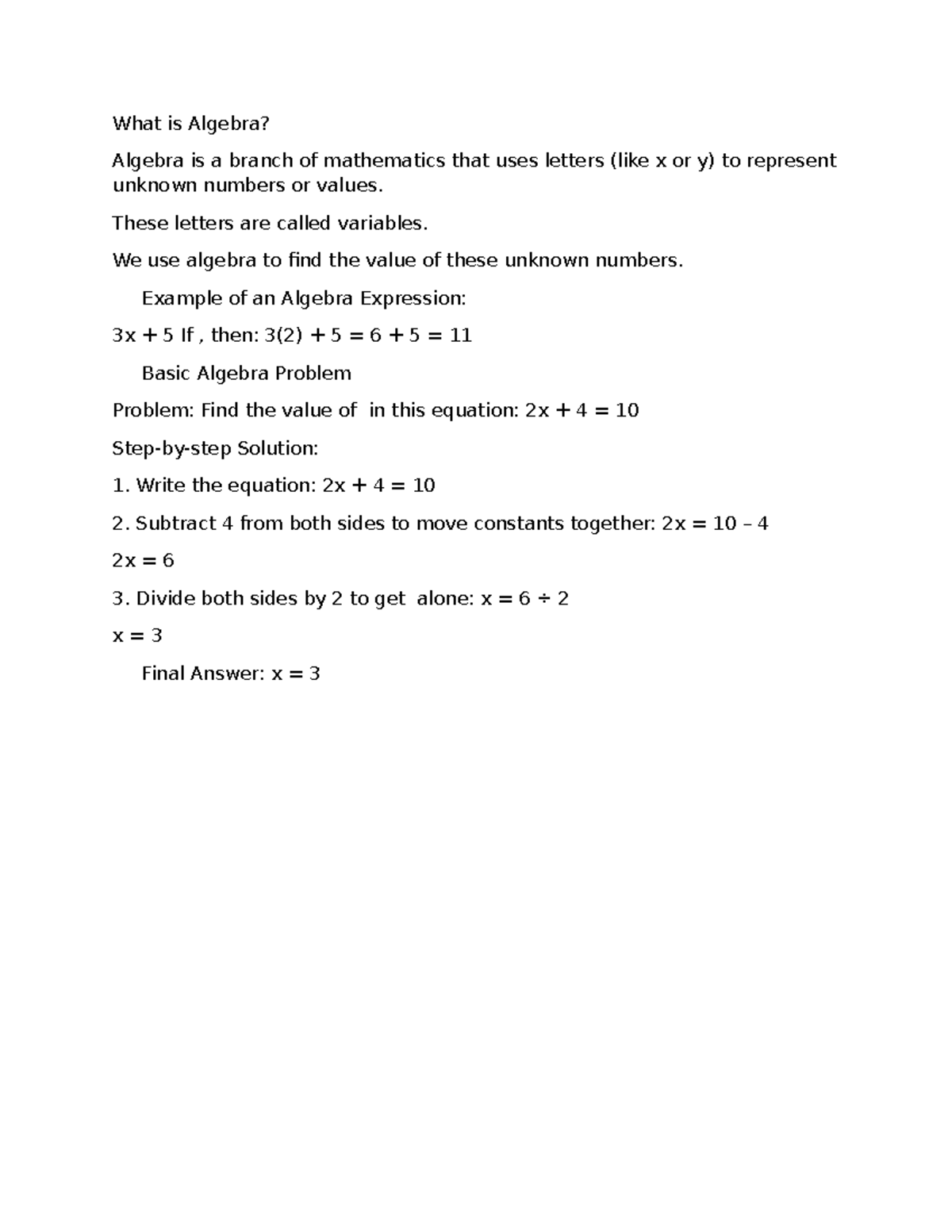 Basic Algebra Concepts and Problem Solving - Studocu