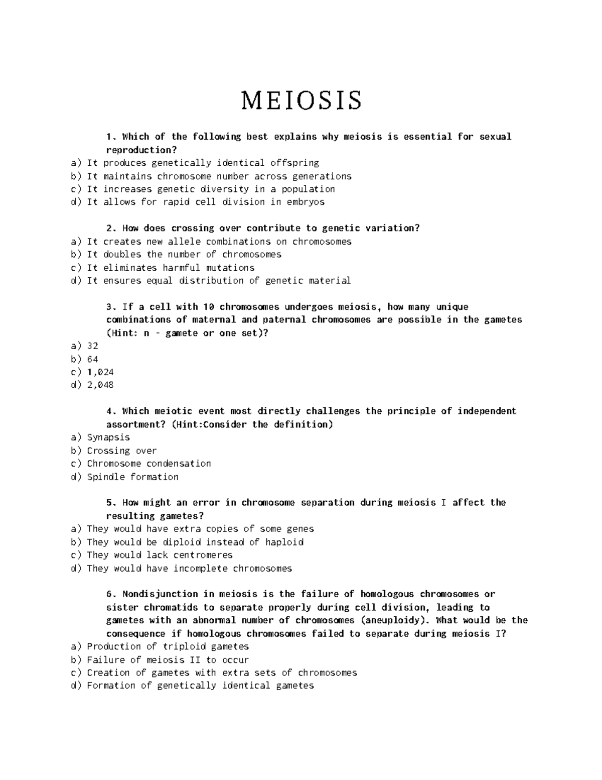 Meiosis Study Guide - Key Concepts & Test Questions for Genetics - Studocu