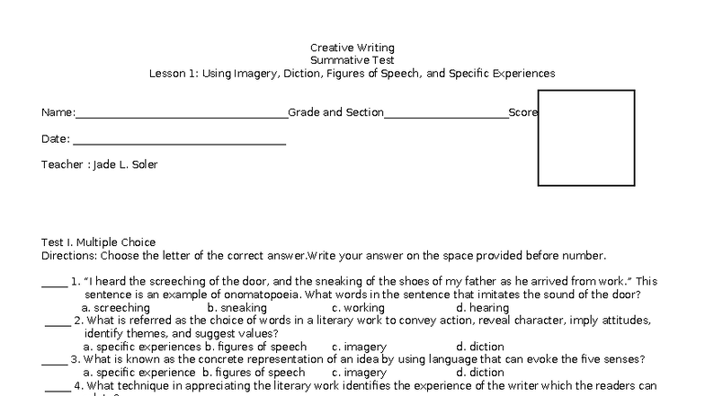 L1 Quiz: Creative Writing Summative Test on Imagery and Diction - Studocu