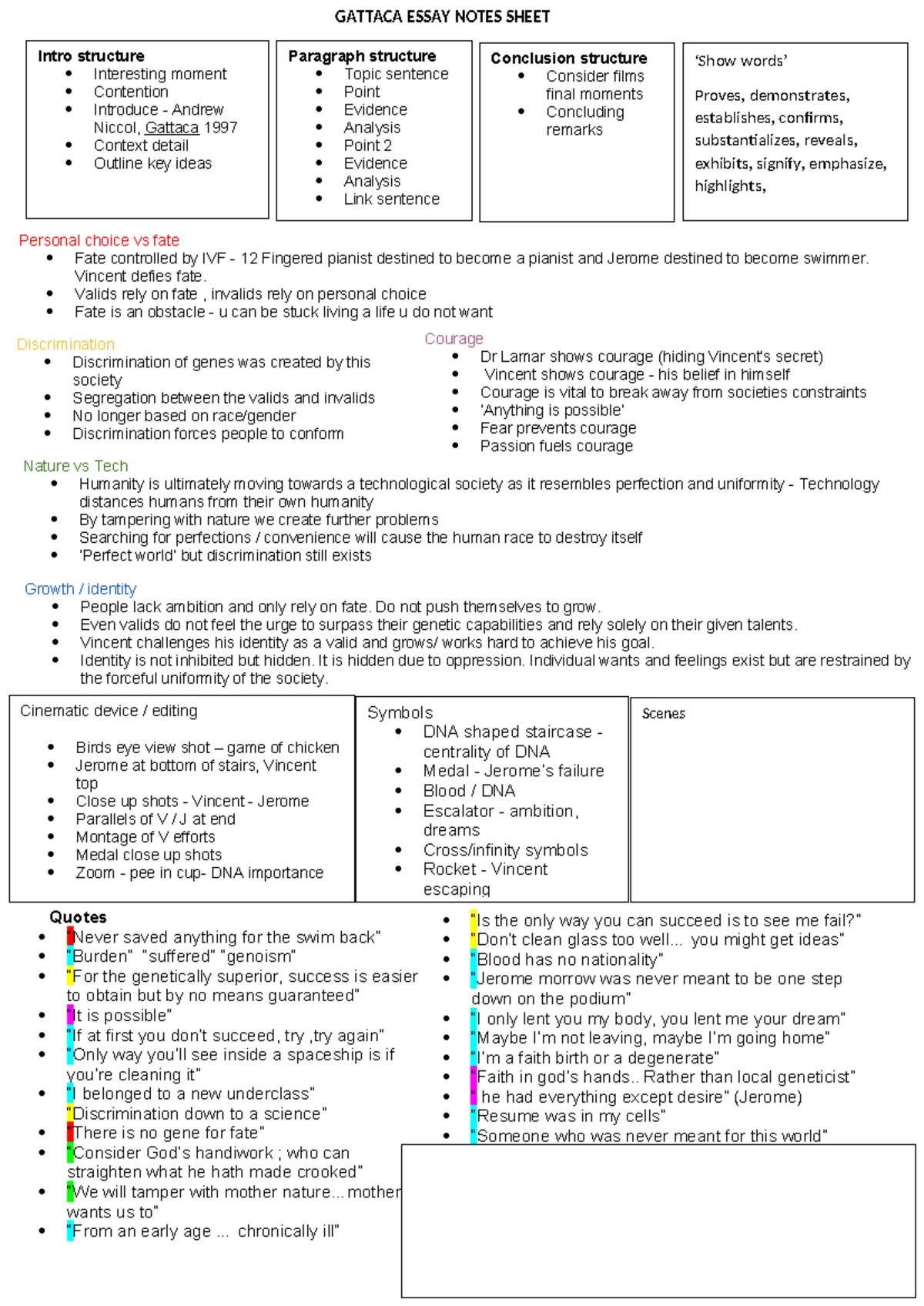 Gattaca (1997) - Essay Notes Sheet on Themes & Cinematic Devices - Studocu