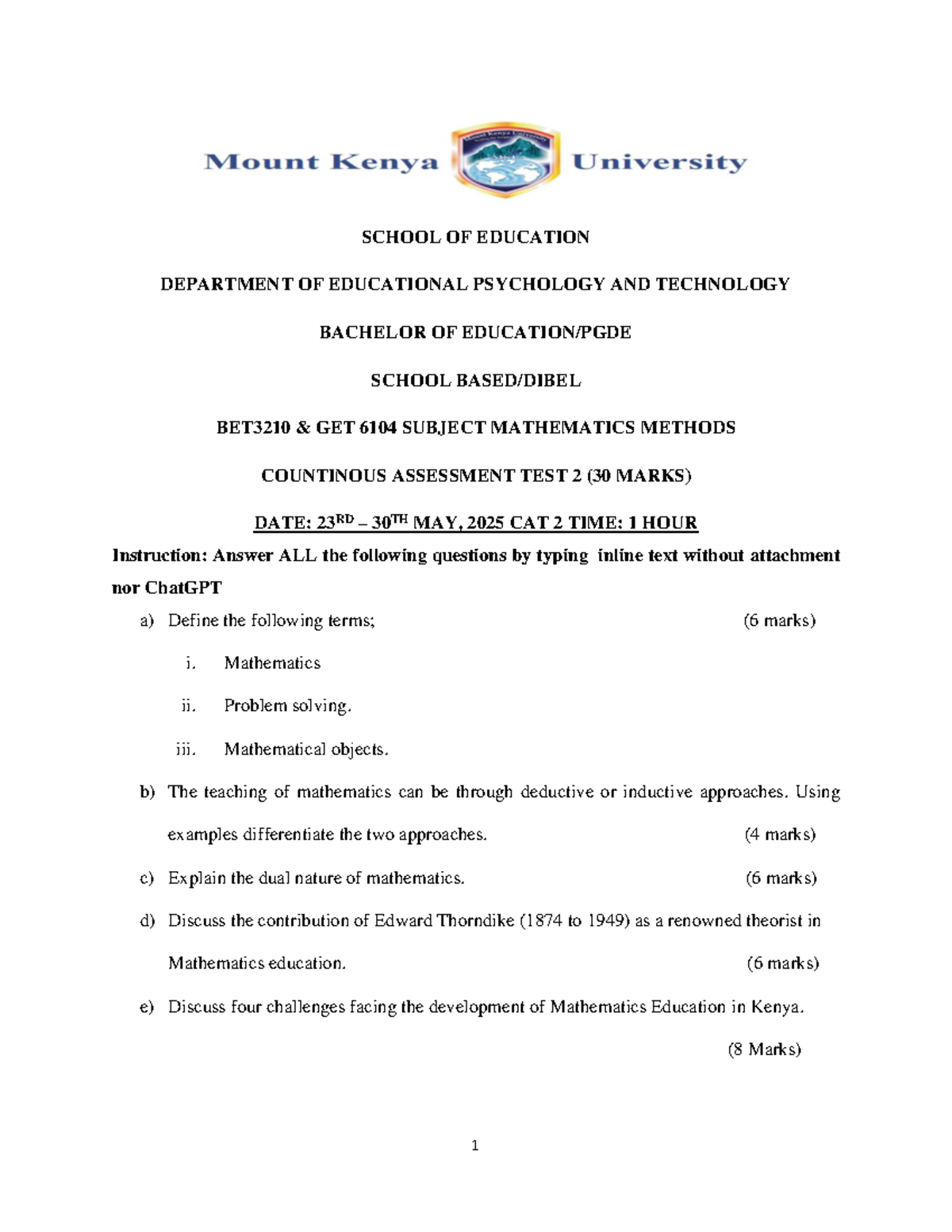 BET 3210 GET 6104 Continuous Assessment Test 2 in Mathematics Methods ...