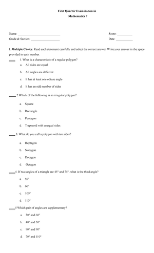 Quarter 1 Grade 7 BSEd 2 Mathematics Grasps Rubrics - PERFORMANCE TASK ...