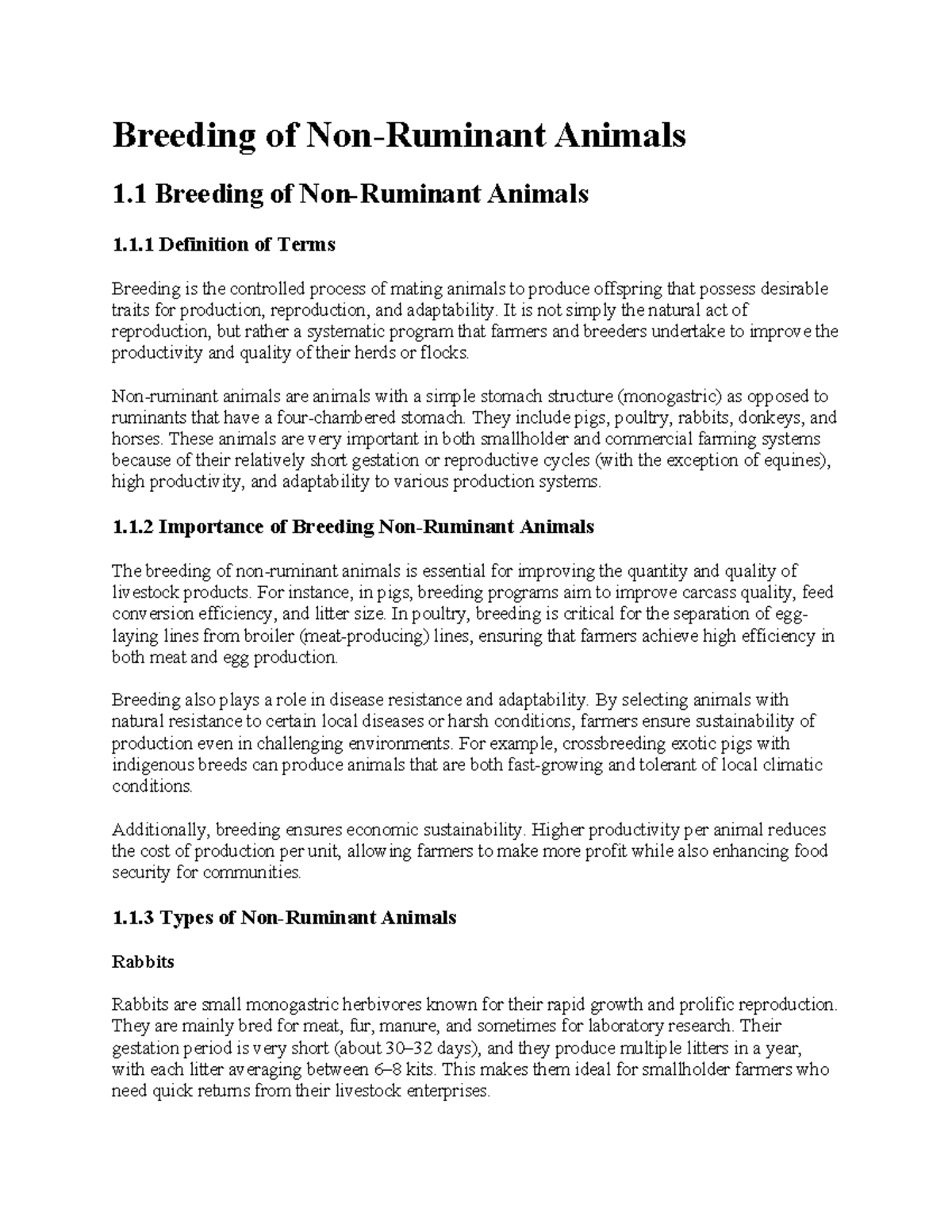 Breeding of Non-Ruminant Animals: Key Concepts and Practices 1.1 - Studocu