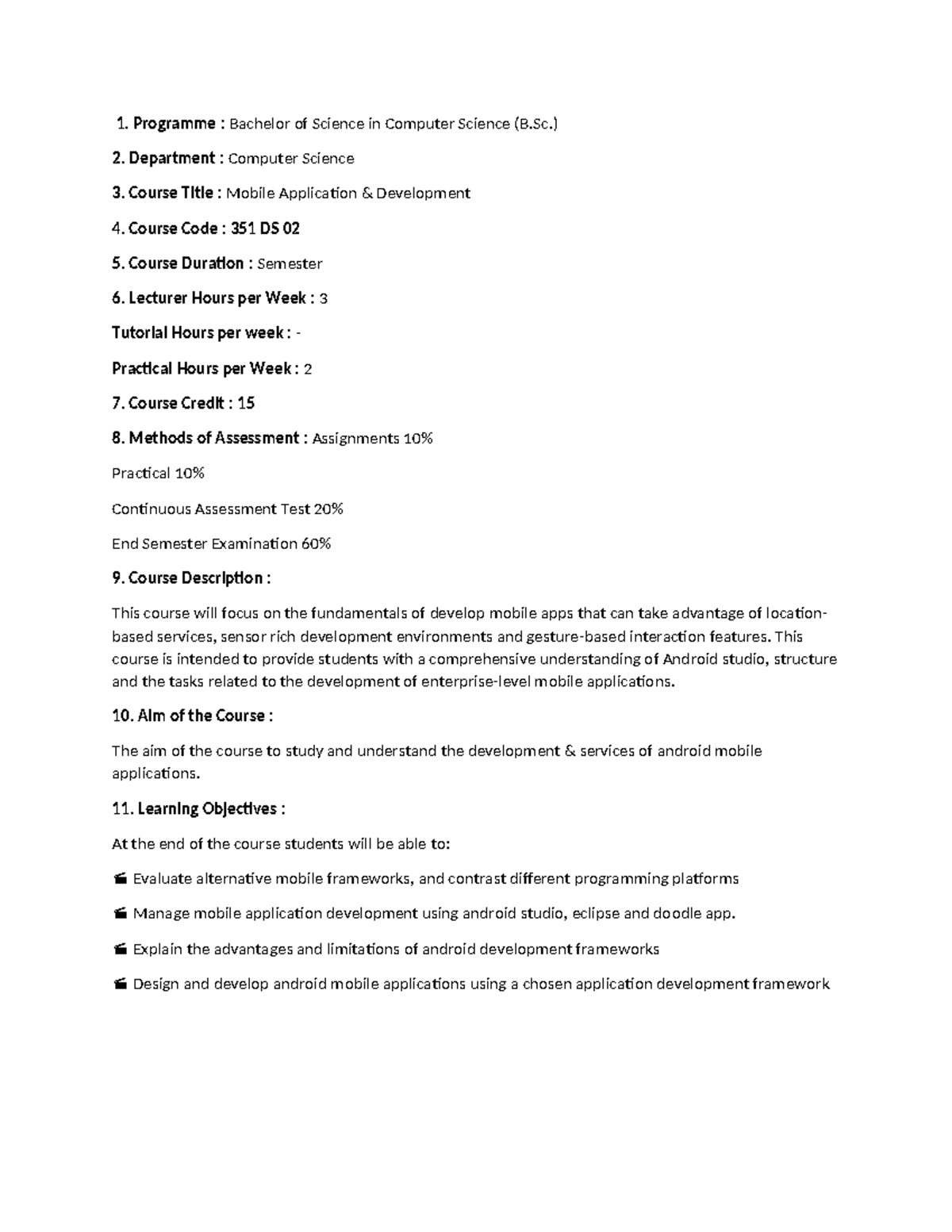 Mobile Application Development Course Outline (351 DS 02) - Studocu