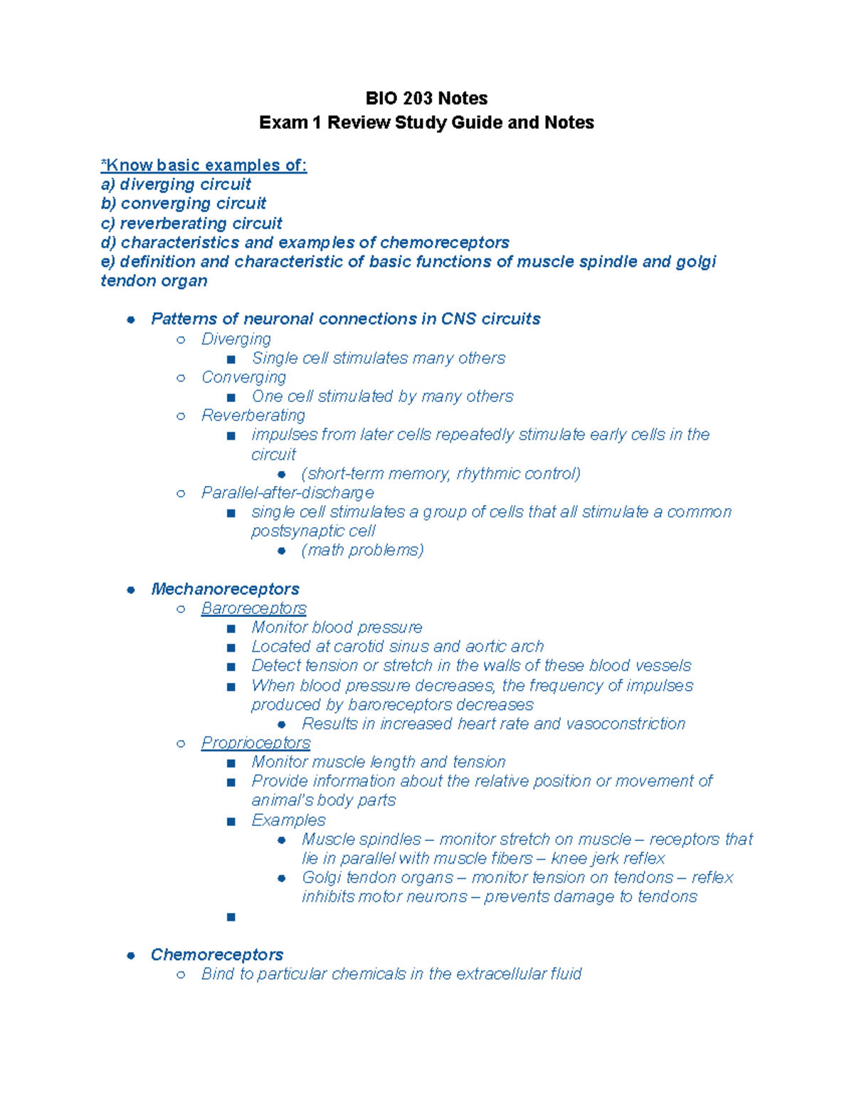 BIO 203 Exam 1 Study Guide: Key Concepts and Notes - Studocu