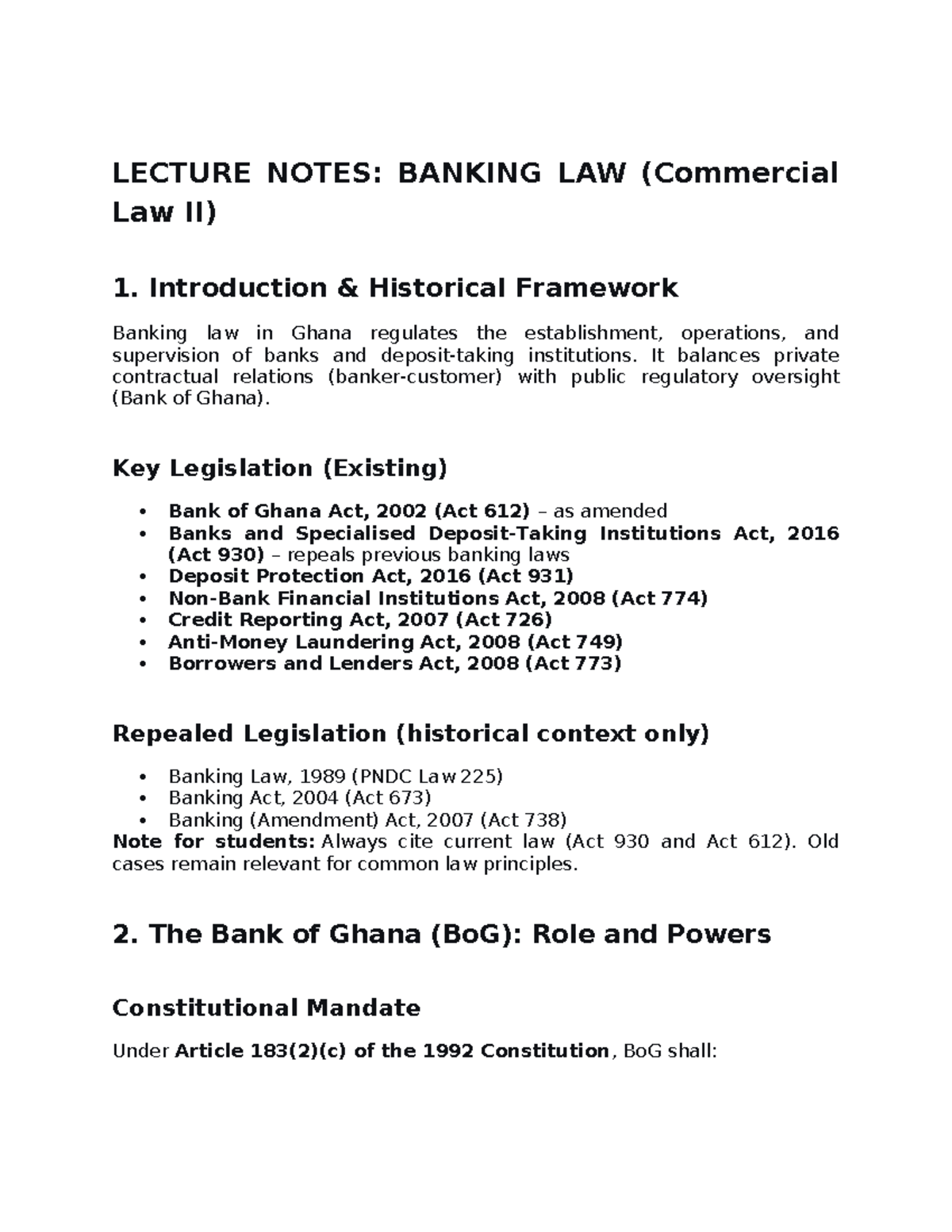LECTURE NOTES: BANKING LAW (Commercial Law II) Overview and Key Cases ...
