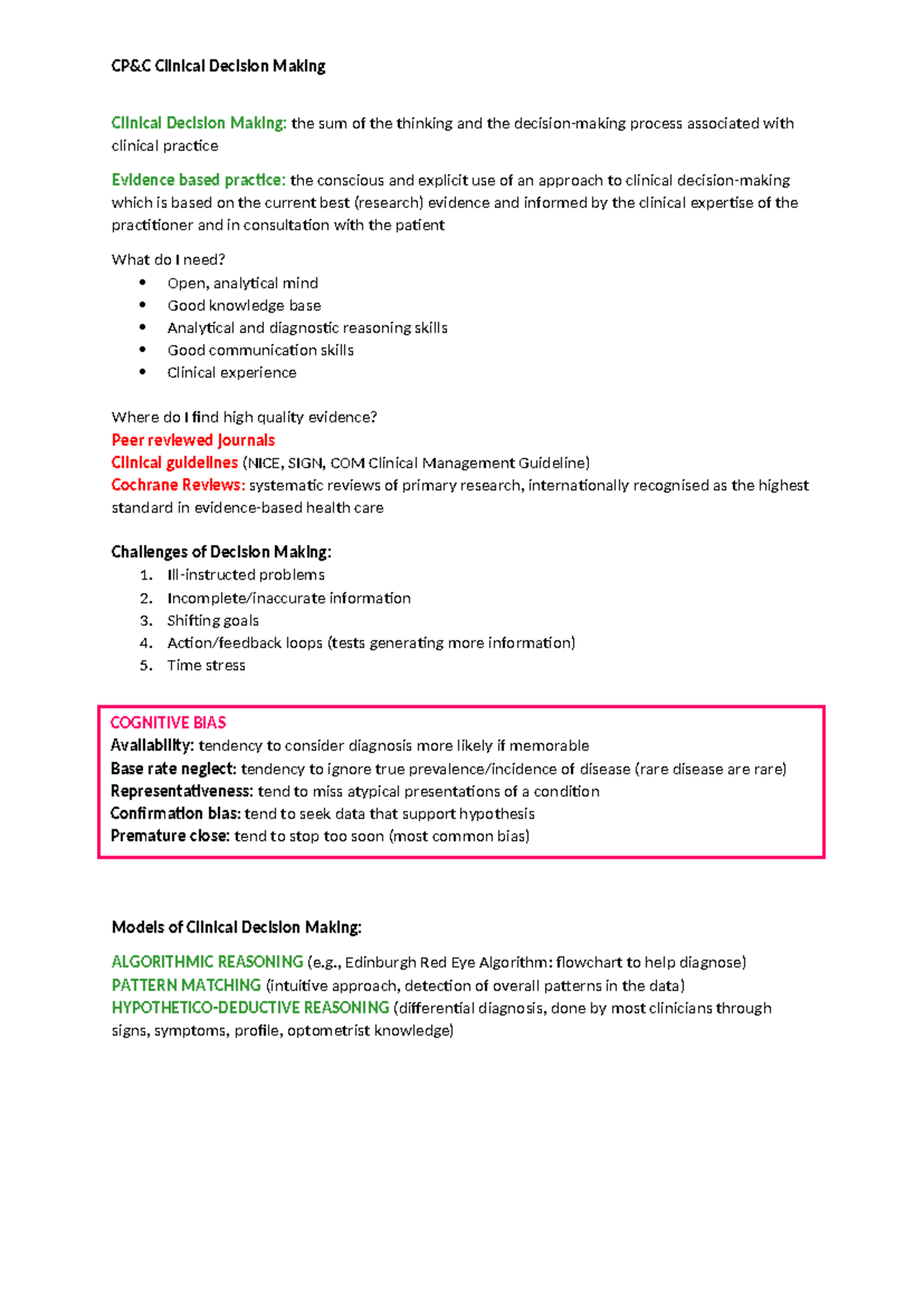 CP&C Clinical Decision Making Notes - Clinical Decision Making: the sum ...