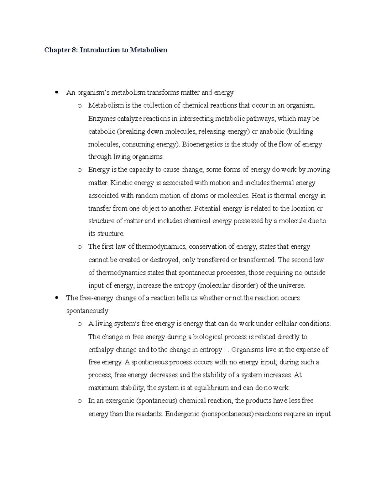 Biology Chapter 8 - Chapter 8: Introduction to Metabolism An organism’s ...