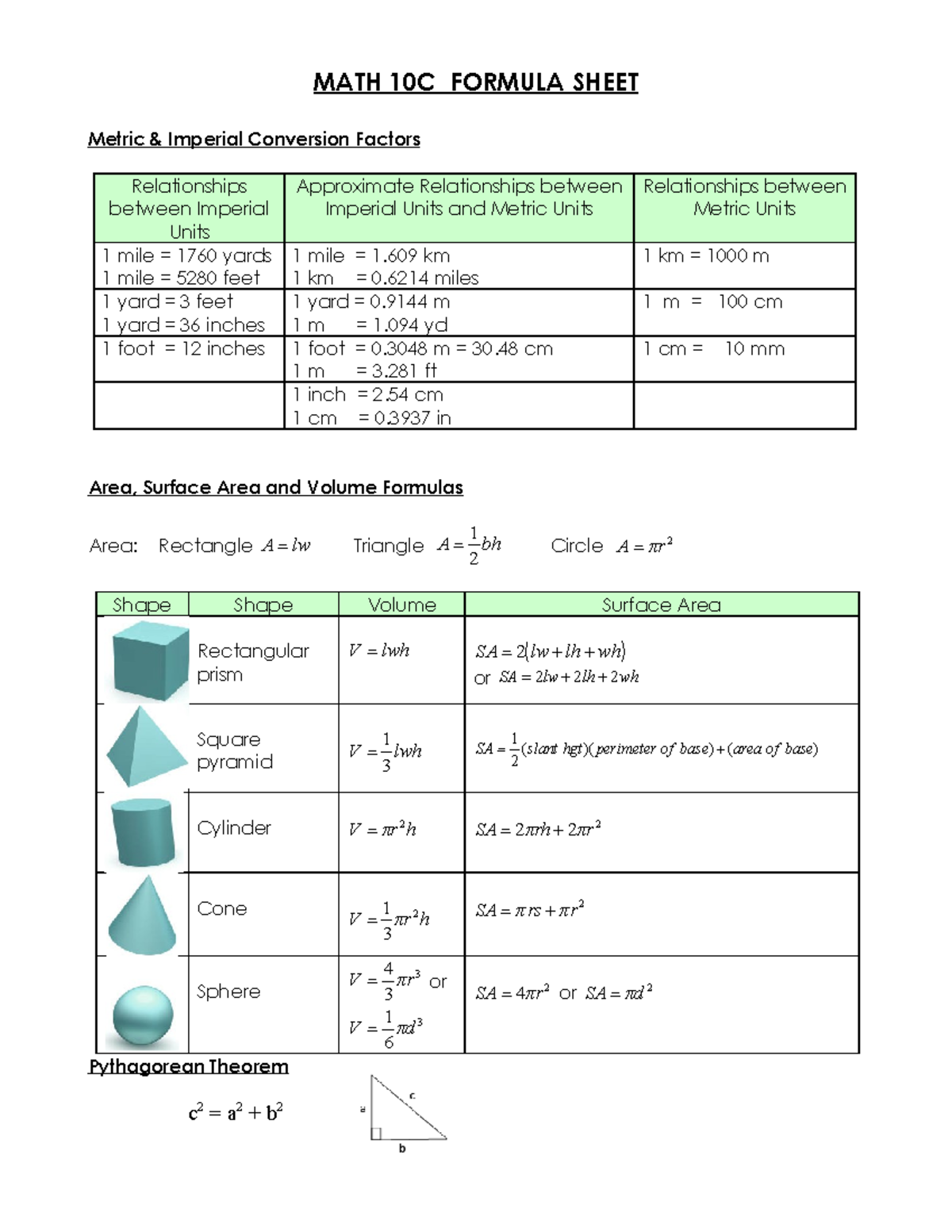 MATH 10C Comprehensive Formula Sheet for Conversions & Calculations -  Studocu