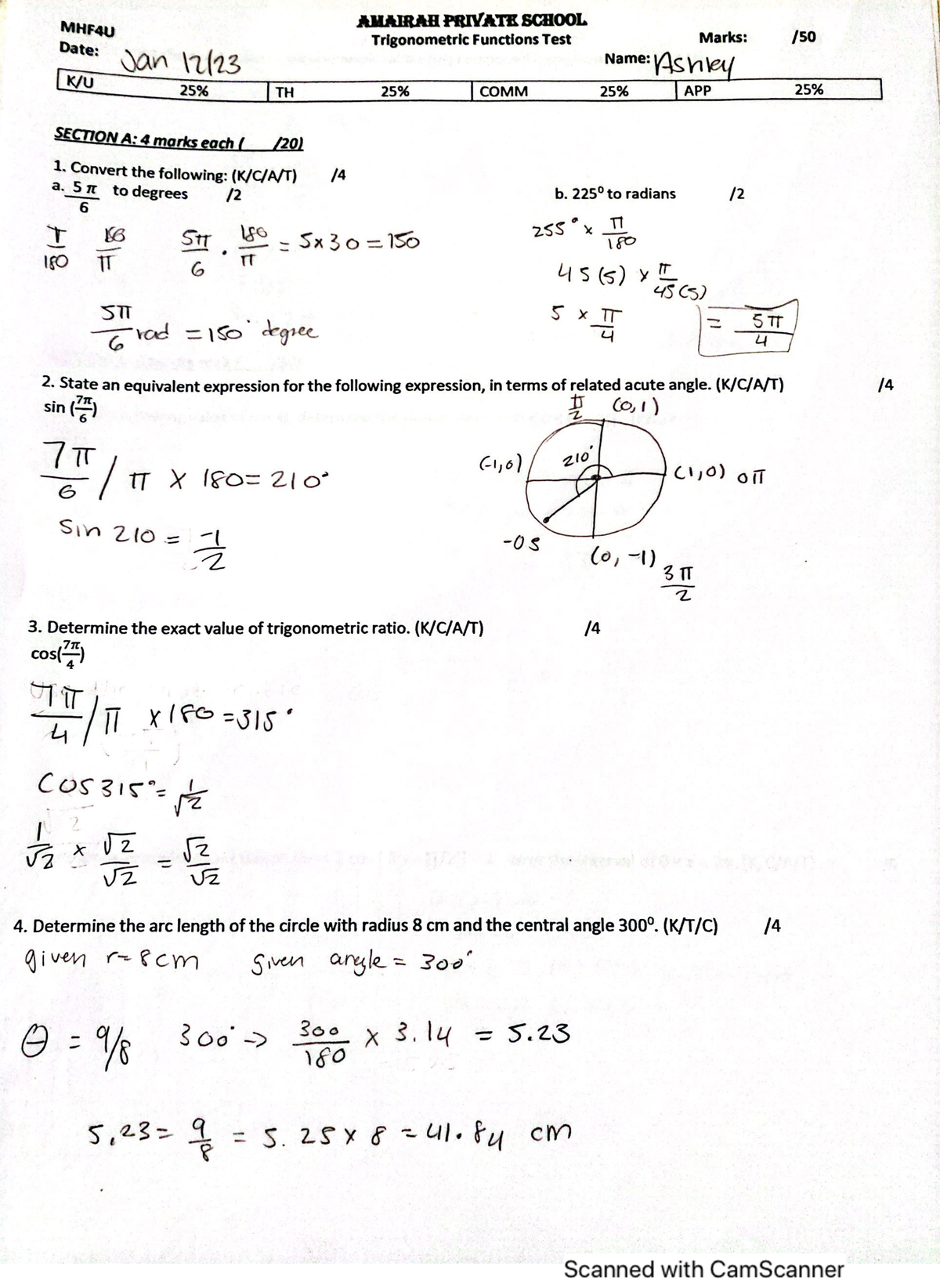 MHF4U Trigonometric Functions Test: Marks, Solutions, and Equations ...