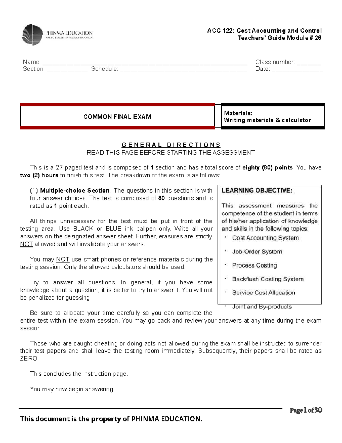ACC 122: Cost Accounting & Control Common Final Exam Guide - Document Preview