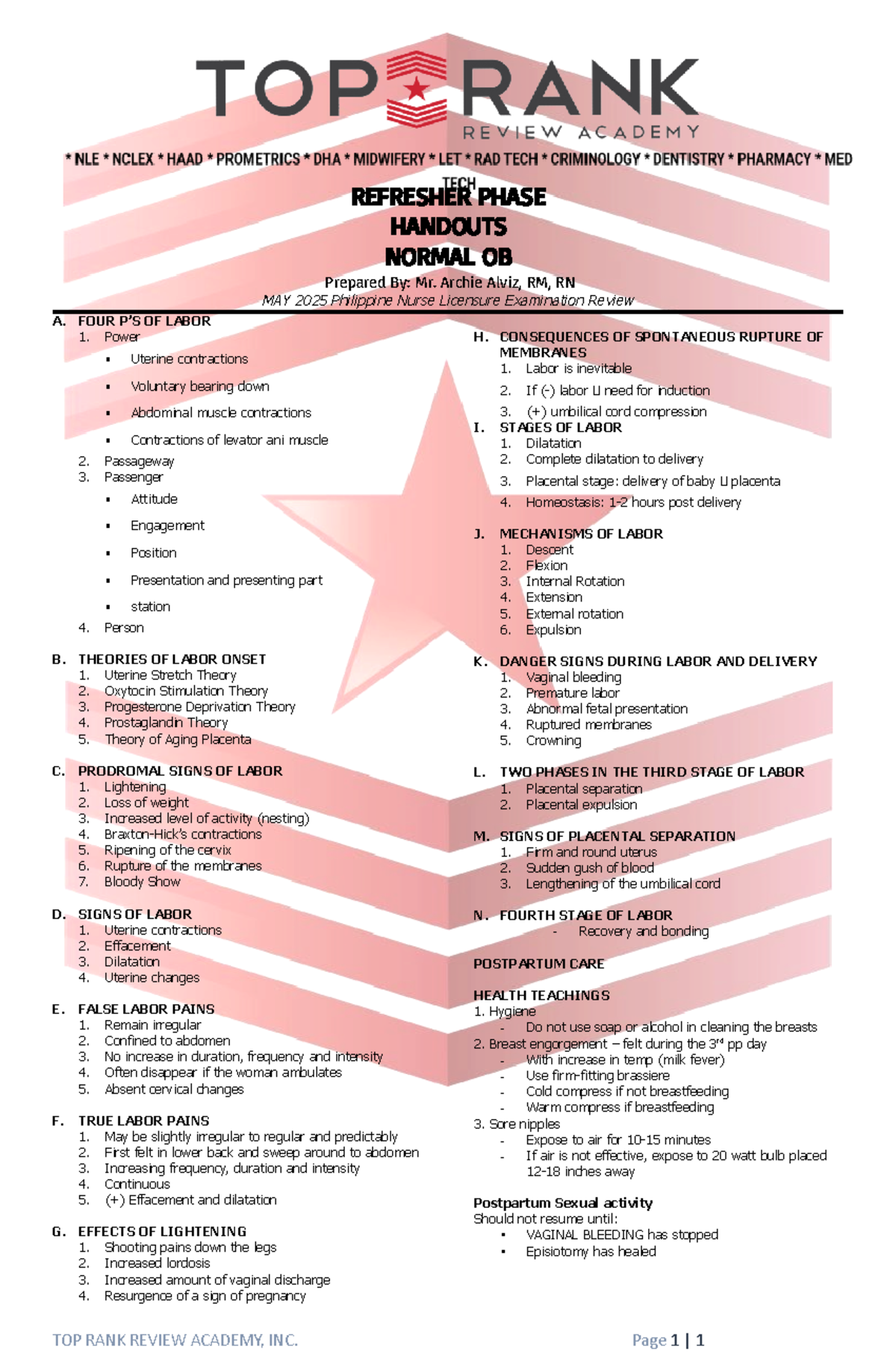 Normal OB Handouts for May 2025 NLE - Mr. Alviz's Review Notes - Studocu