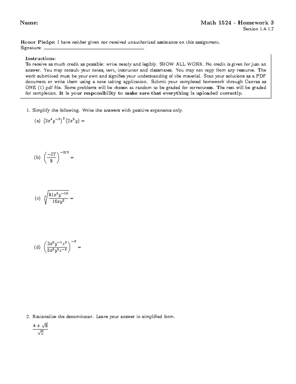 Math 1524 Homework 3: Simplification & Rationalization Practice - Studocu