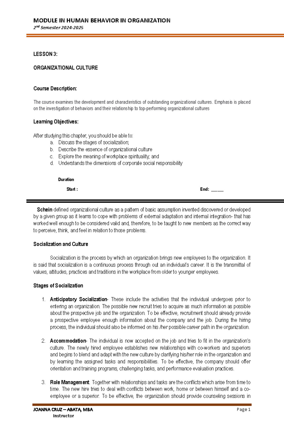 HBO- Chapter 3 - Organizational Culture & Socialization Notes - Studocu