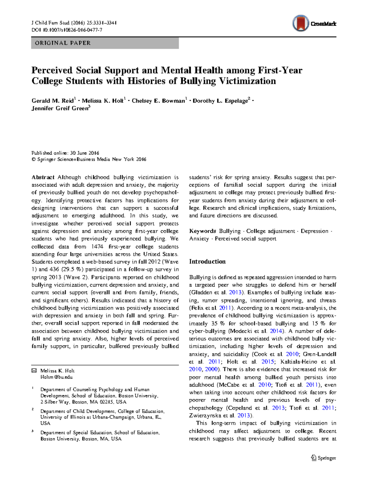 Perceived Social Support & Mental Health in College Students: Bullying ...
