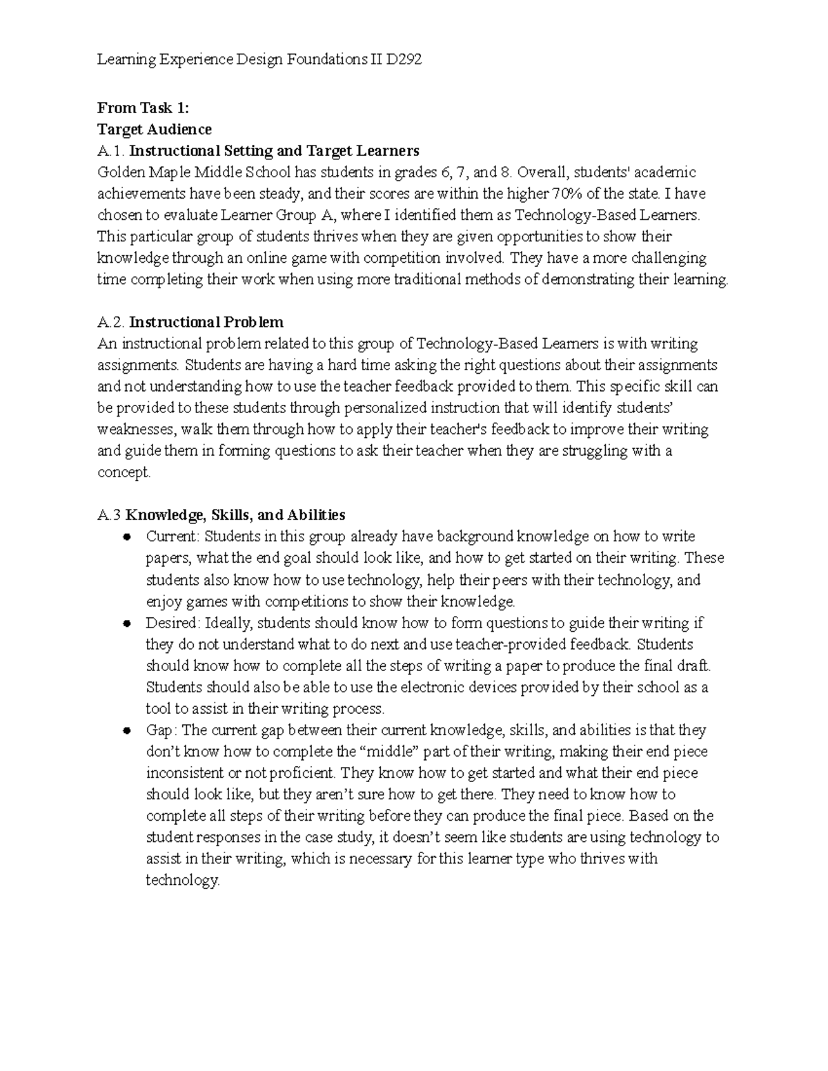 D292 Performance Task 1 - From Task 1: Target Audience A. Instructional ...