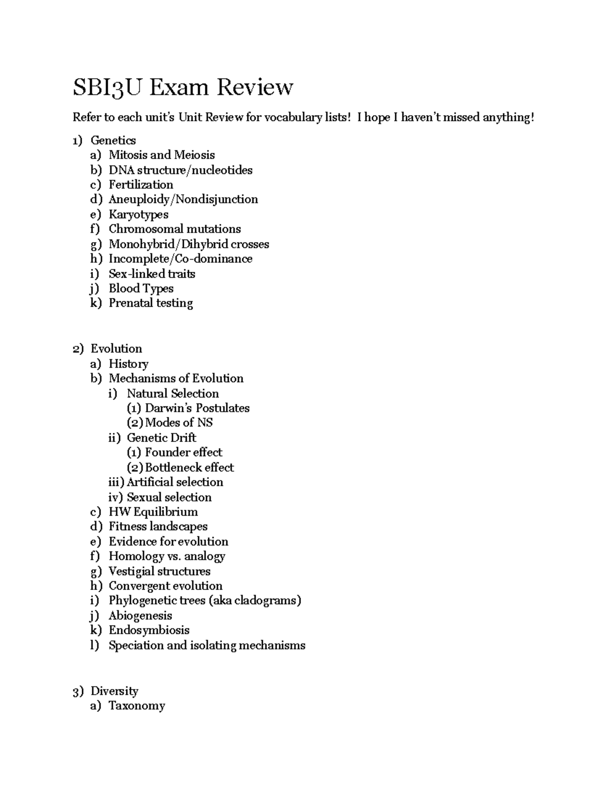 SBI3U Final Exam Review 2025: Genetics, Evolution, and Diversity - Studocu