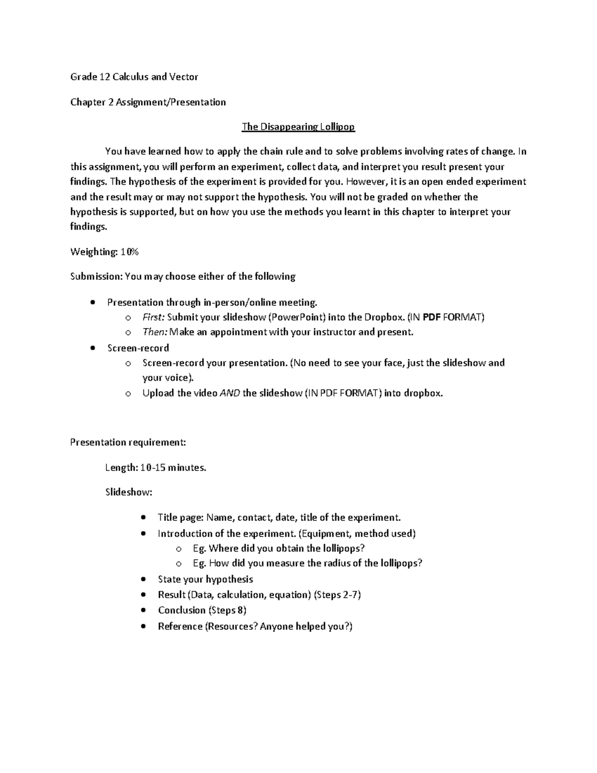 Chapter 2 Assignment - Calculus & Vector MDM4U: The Disappearing ...