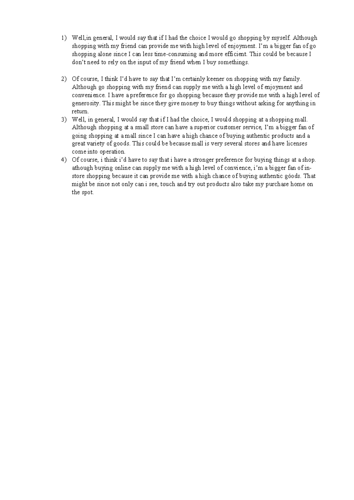 ENG 101: Speaking Example - Shopping Preferences and Experiences - Studocu