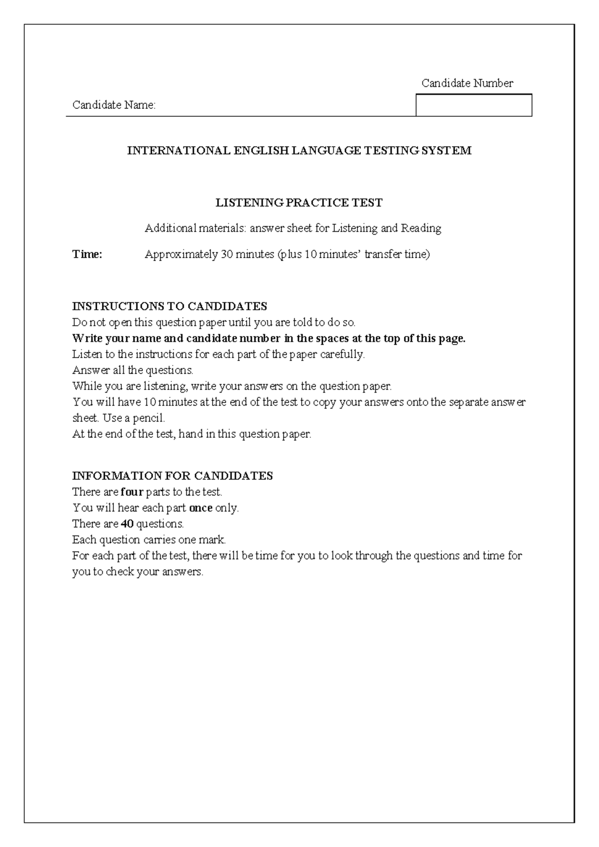 IELTS Listening Practice Test 4: Candidate Instructions and Questions ...
