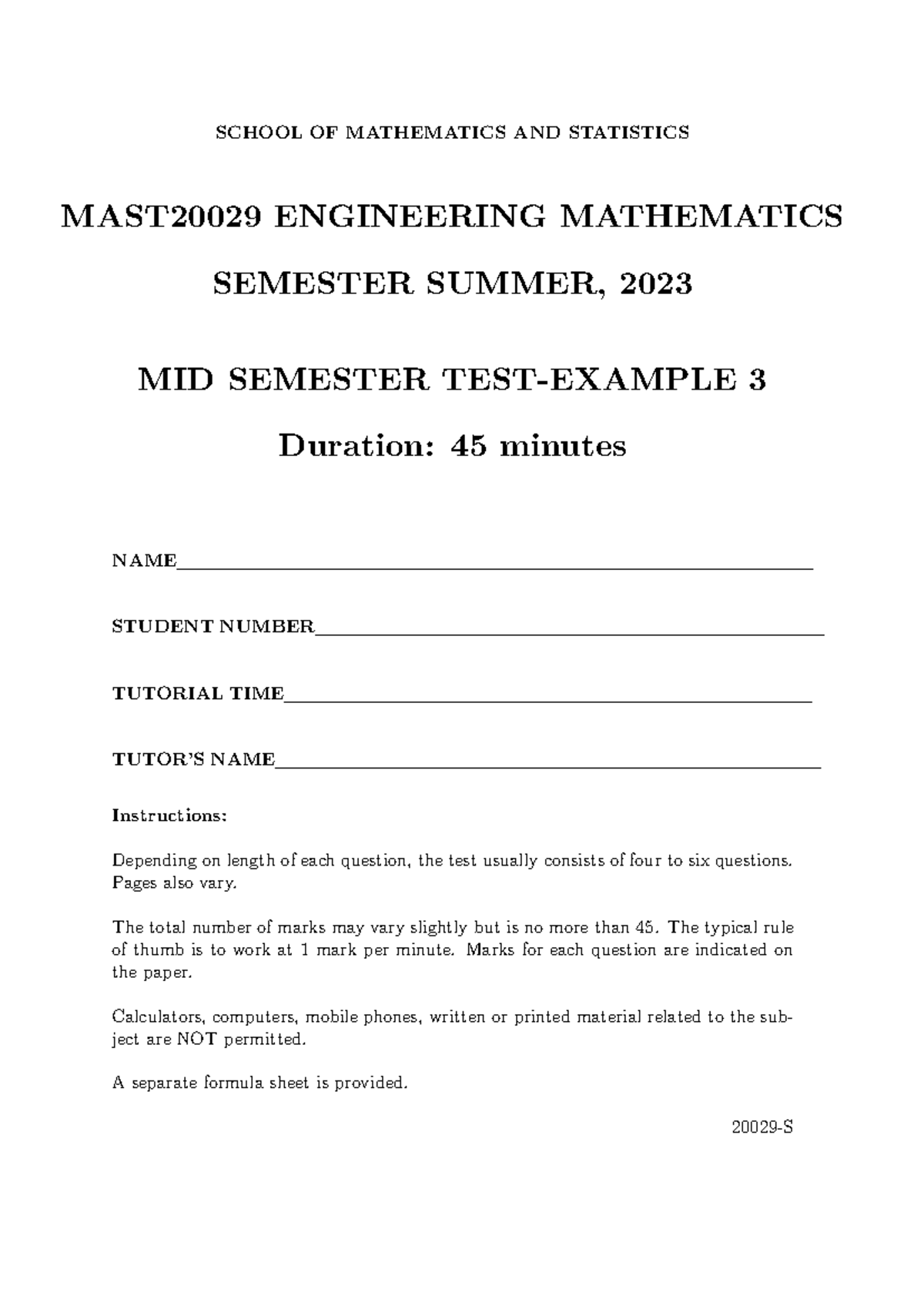 MAST20029 Mid Semester Test Example 3 - Summer 2023 - Studocu