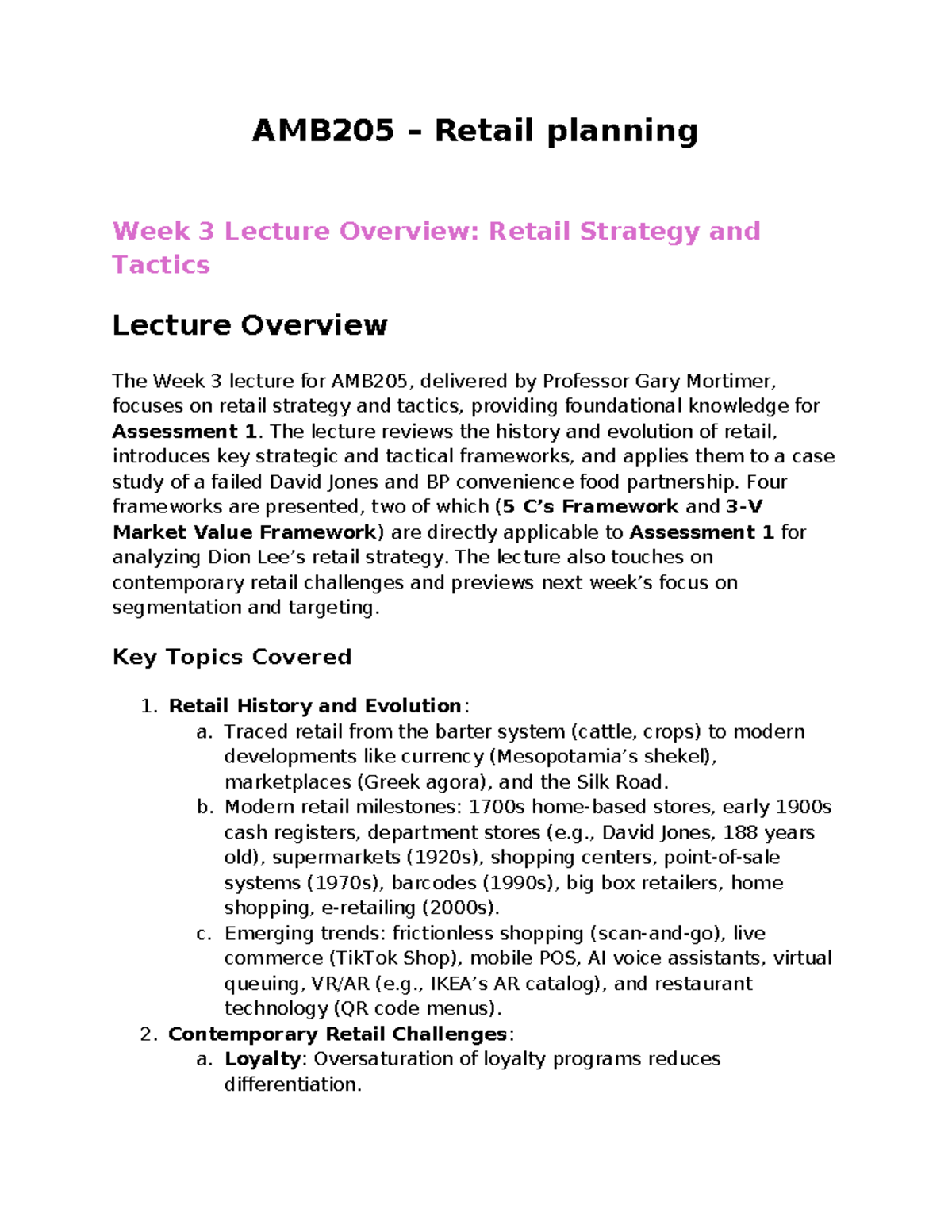 AMB205 Week 3 Lecture Notes: Retail Strategy & Tactics Overview - Studocu