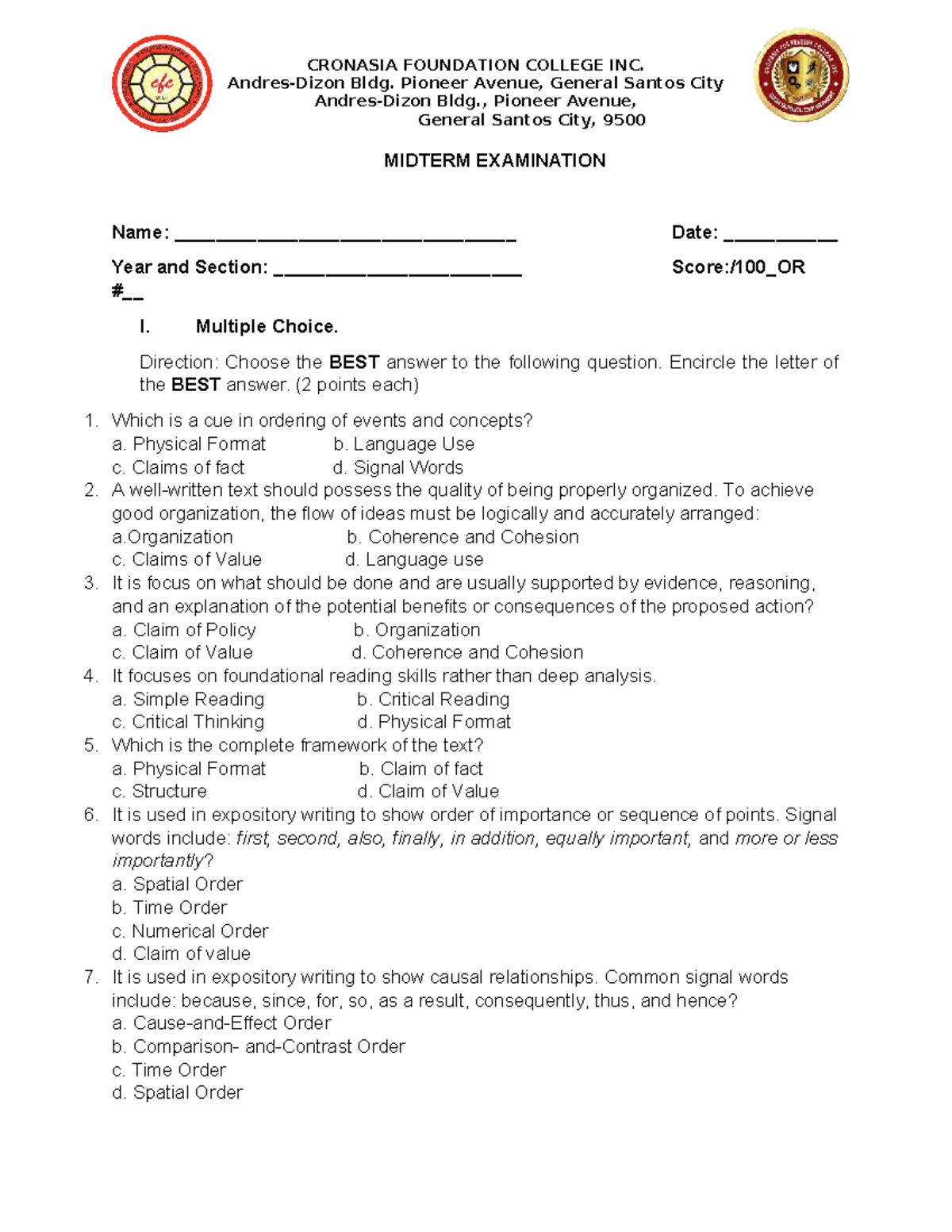Midterm Exam: Reading and Writing Skills (CRONASIA 101) - Studocu
