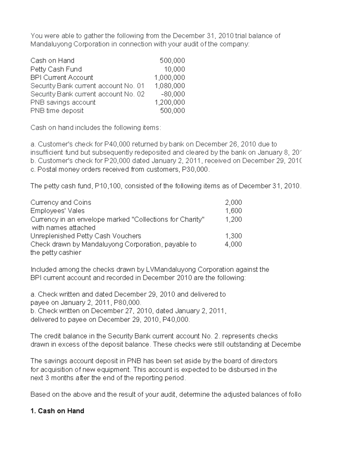Cash and Cash Equivalents - Sample Problem - You were able to gather ...