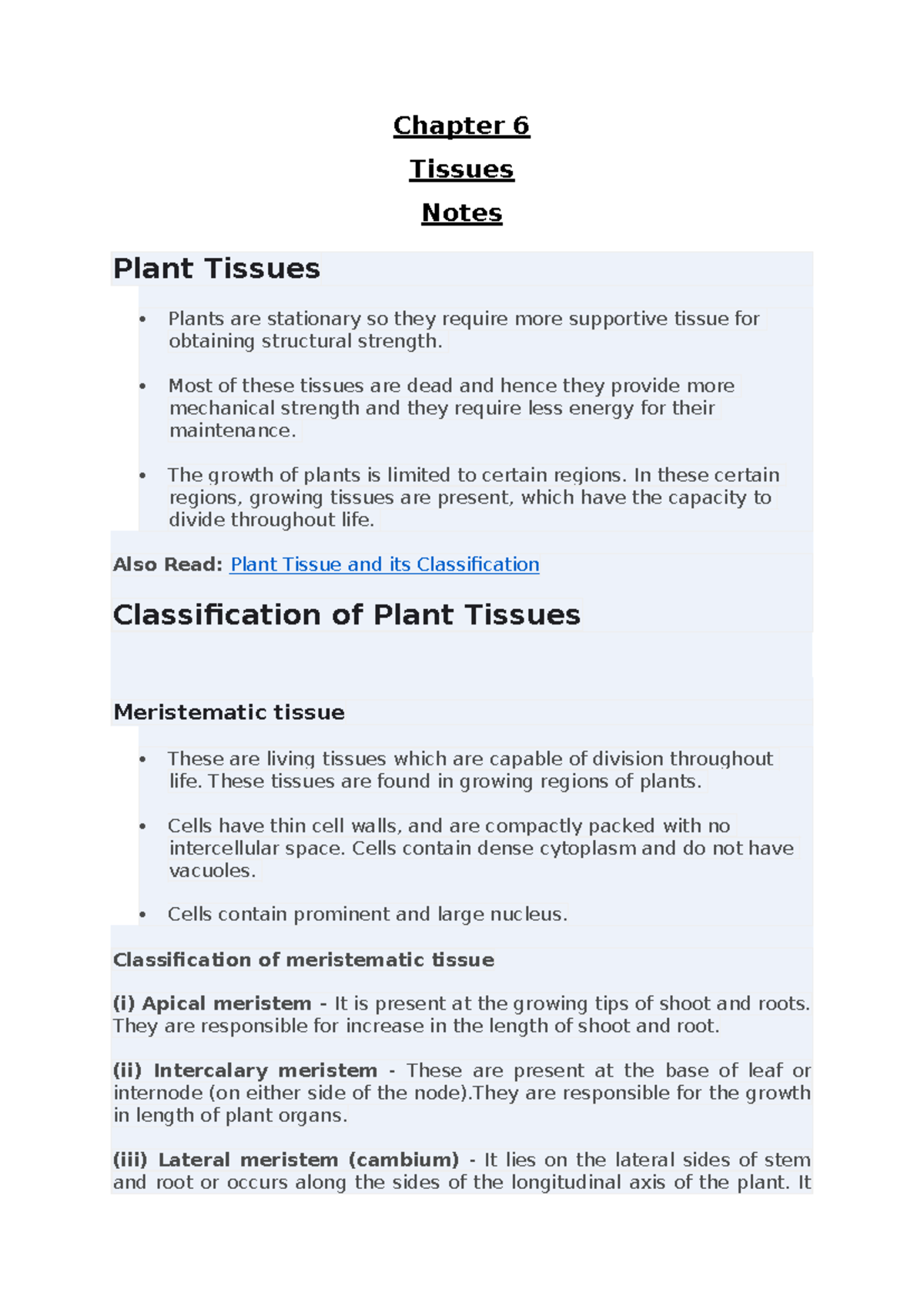 Chapter 6: Notes on Plant and Animal Tissues (Biology 101) - Studocu