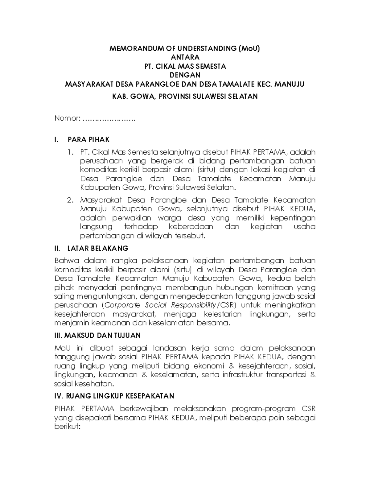 Draft MoU PT. Cikal Mas Semesta dan Masyarakat Desa Parangloe ...