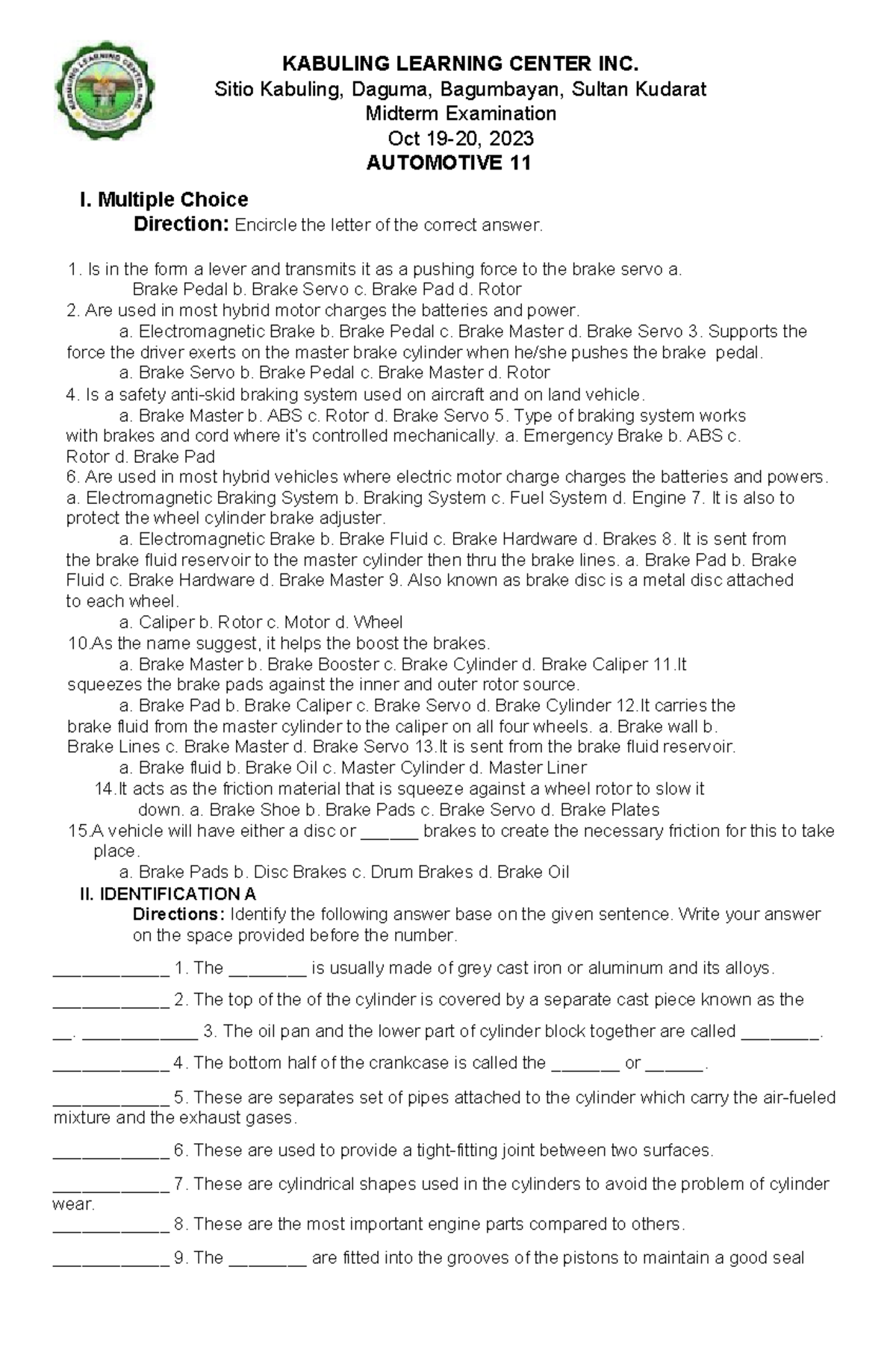 AUTO 11 Midterm Exam Review: Key Concepts and Questions - Studocu