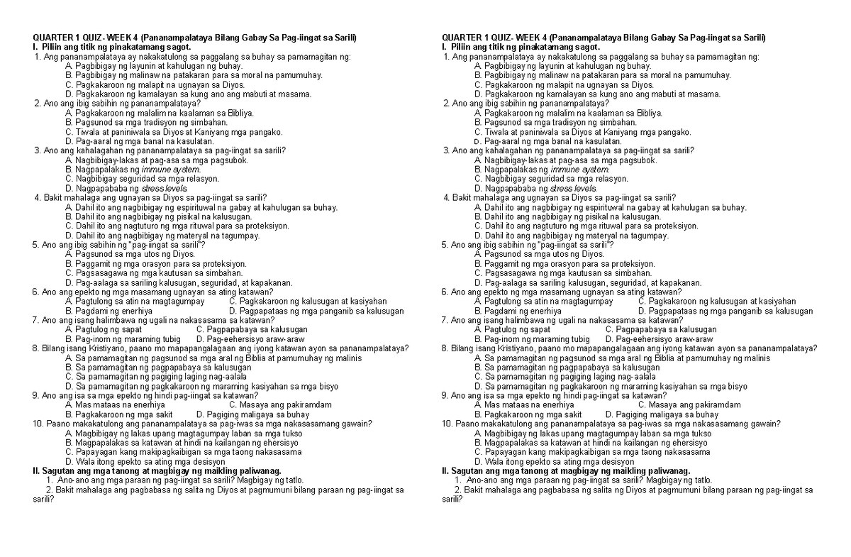 Quarter 1 Quiz - Week 4: Pananampalataya at Sarili - Document Preview