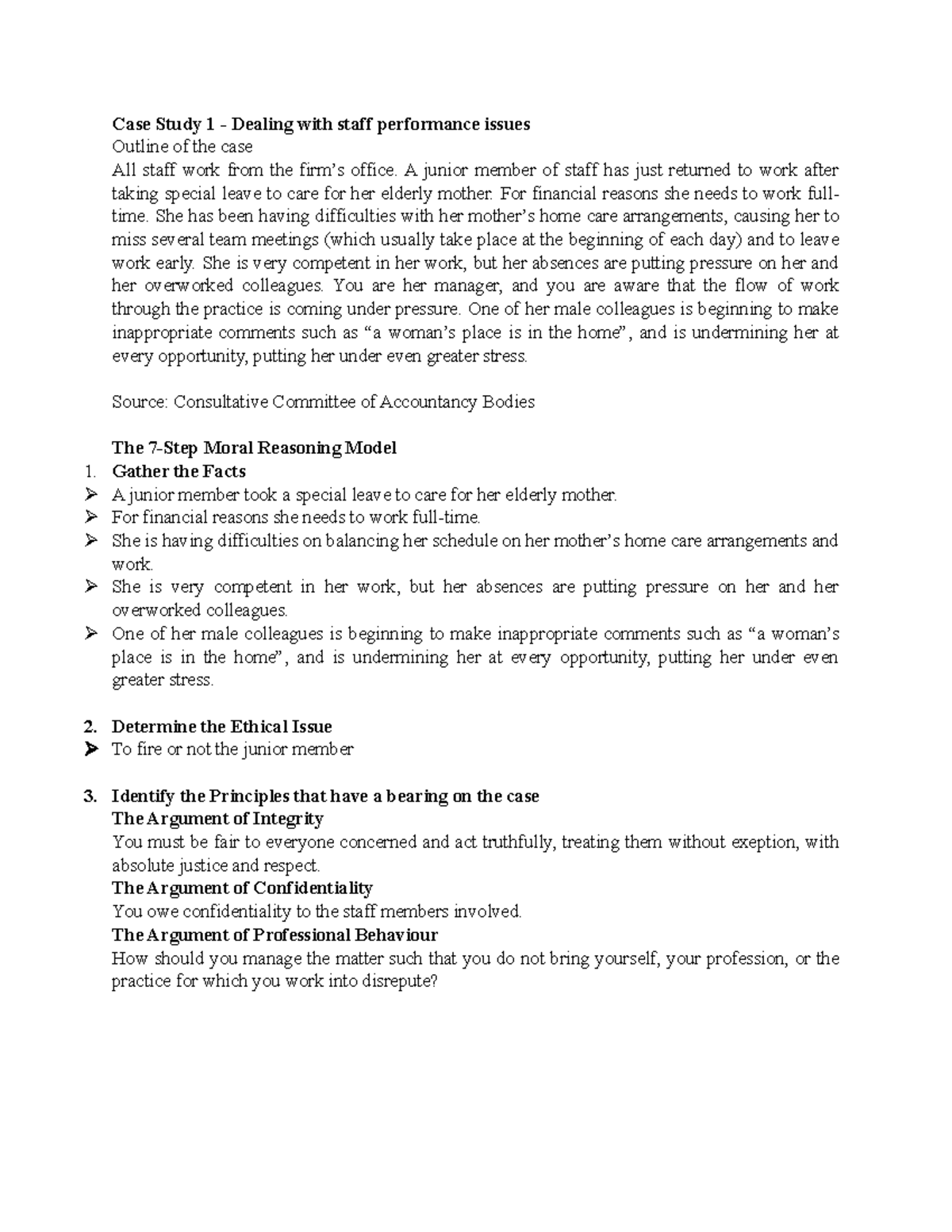 Case Study 1.2 - Managing Staff Performance and Ethical Issues - Studocu
